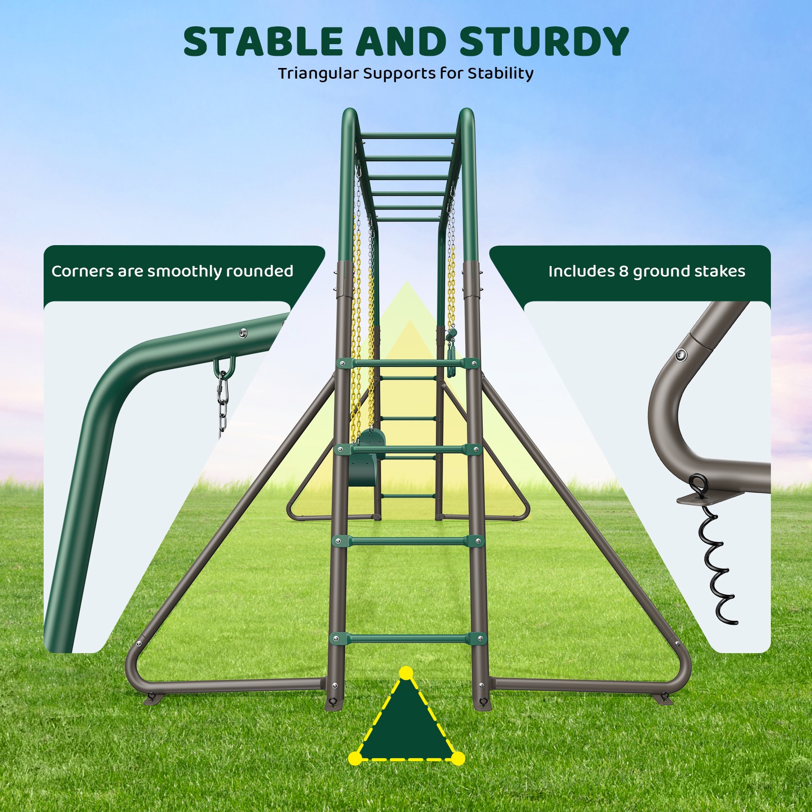 Metal Swing Sets Playground Set for Kids with 2 Belt Swings, Monkey Bars Outdoor