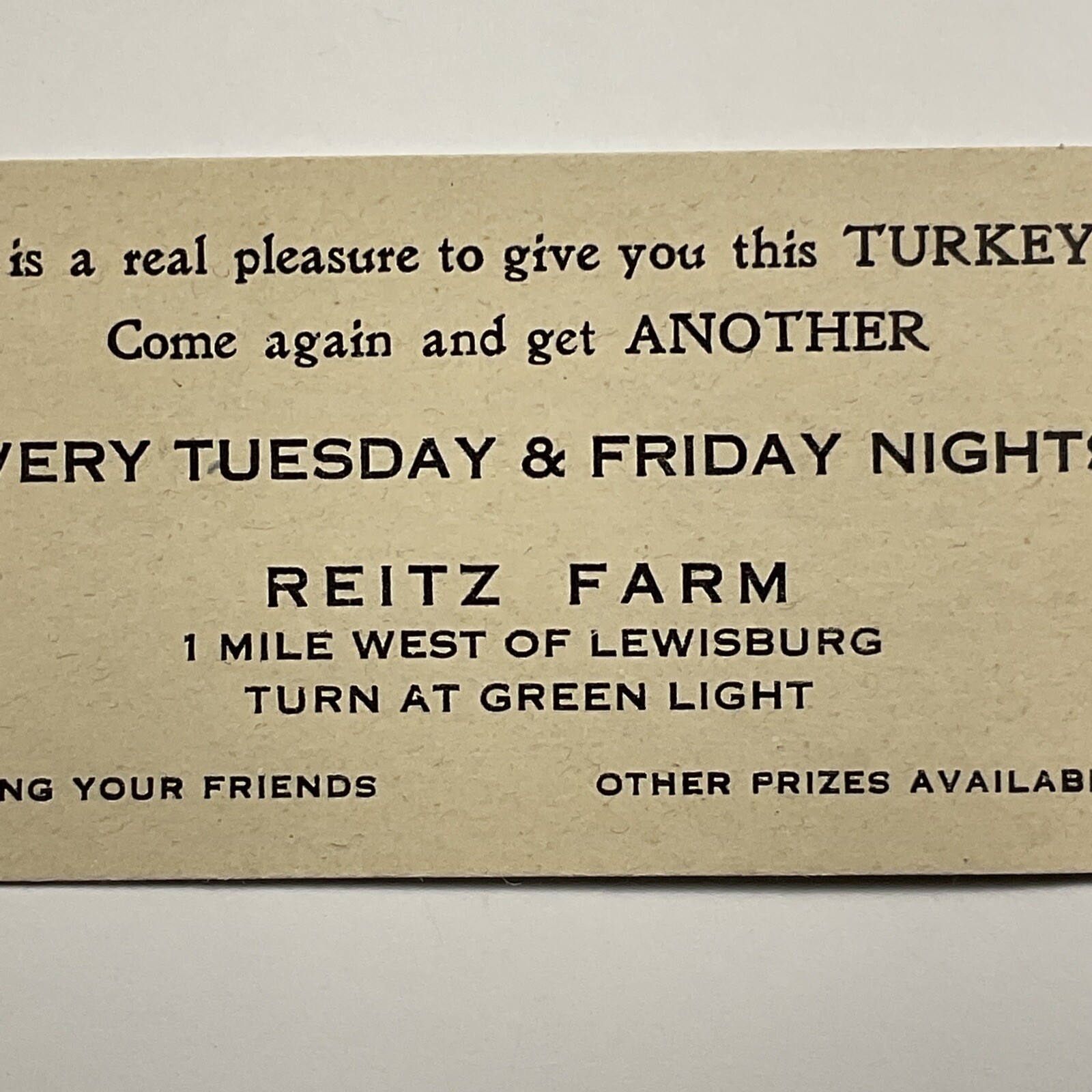 Early 1900s Lewisburg Pennsylvania Reitz Farm Business Gift Card for Free Turkey