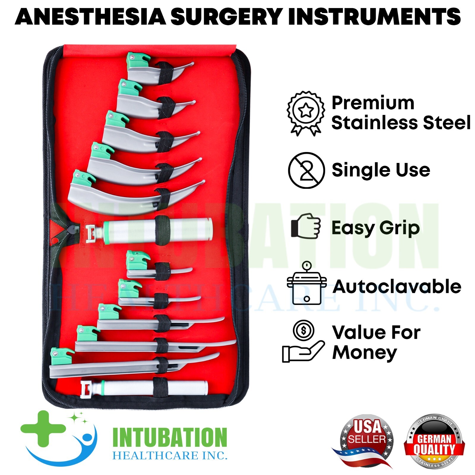 Fiber Optic Laryngoscope Set Macintosh & Miller Blade 2 Handles Intubation Kit