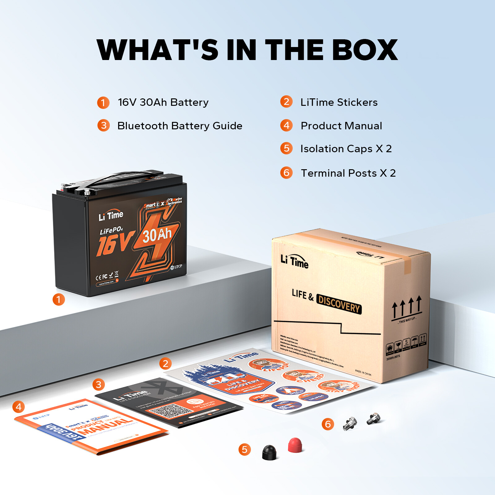 LiTime 16V 30Ah/70Ah/100Ah Bluetooth Lithium Battery Born For Fish Finder Marine