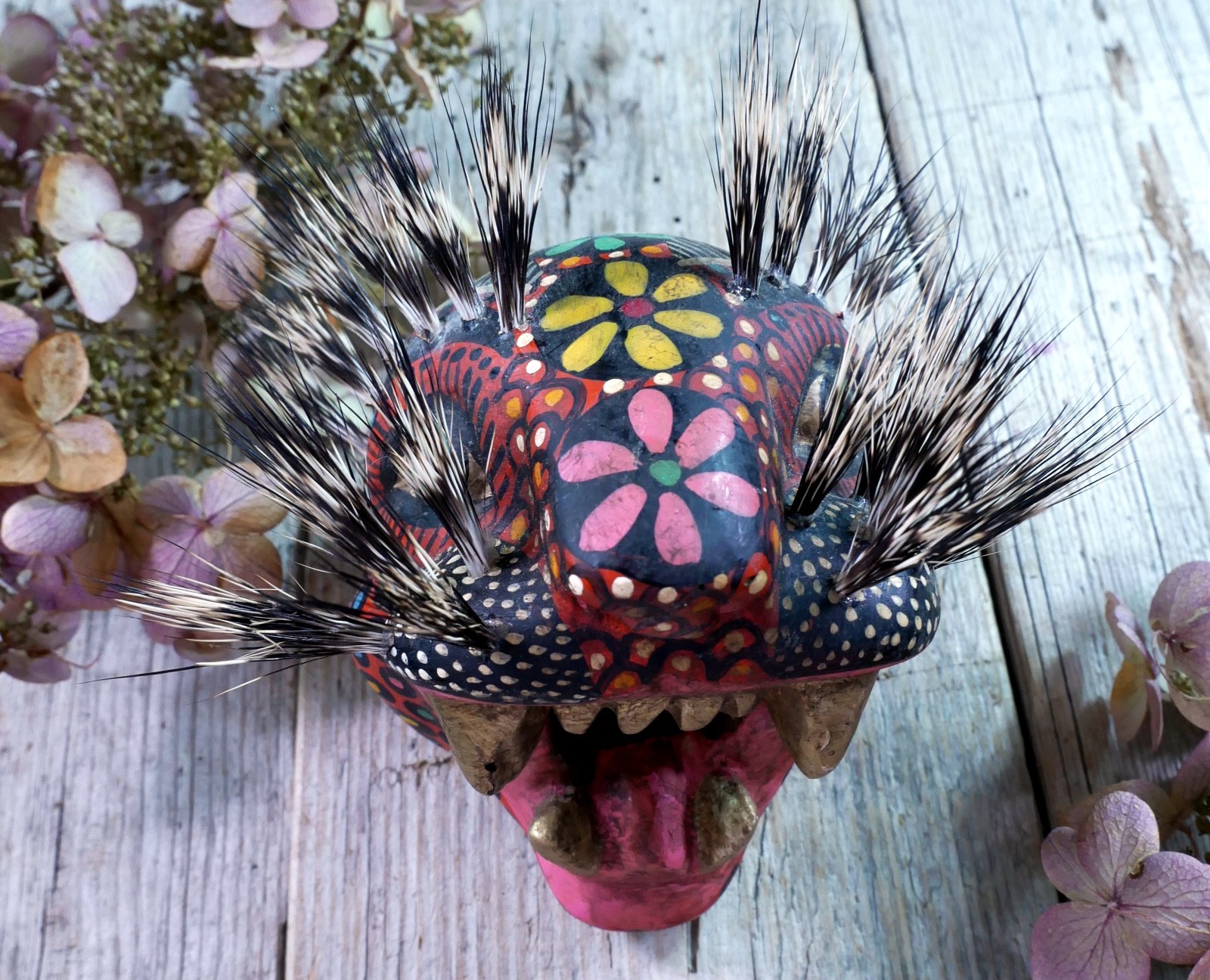 Leopard Jaguar Mask Wood & Boar Hair Whiskers Handmade Nahua Mexican Folk Art Sm