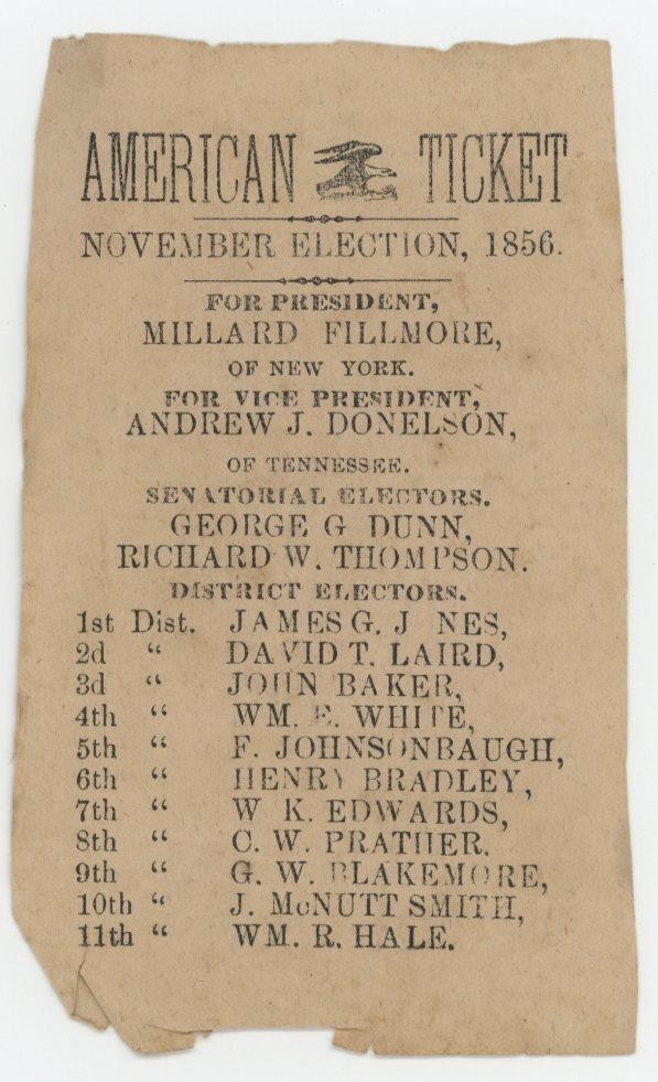 Historical American Ticket for November Election of 1856 for Millard Fillmore