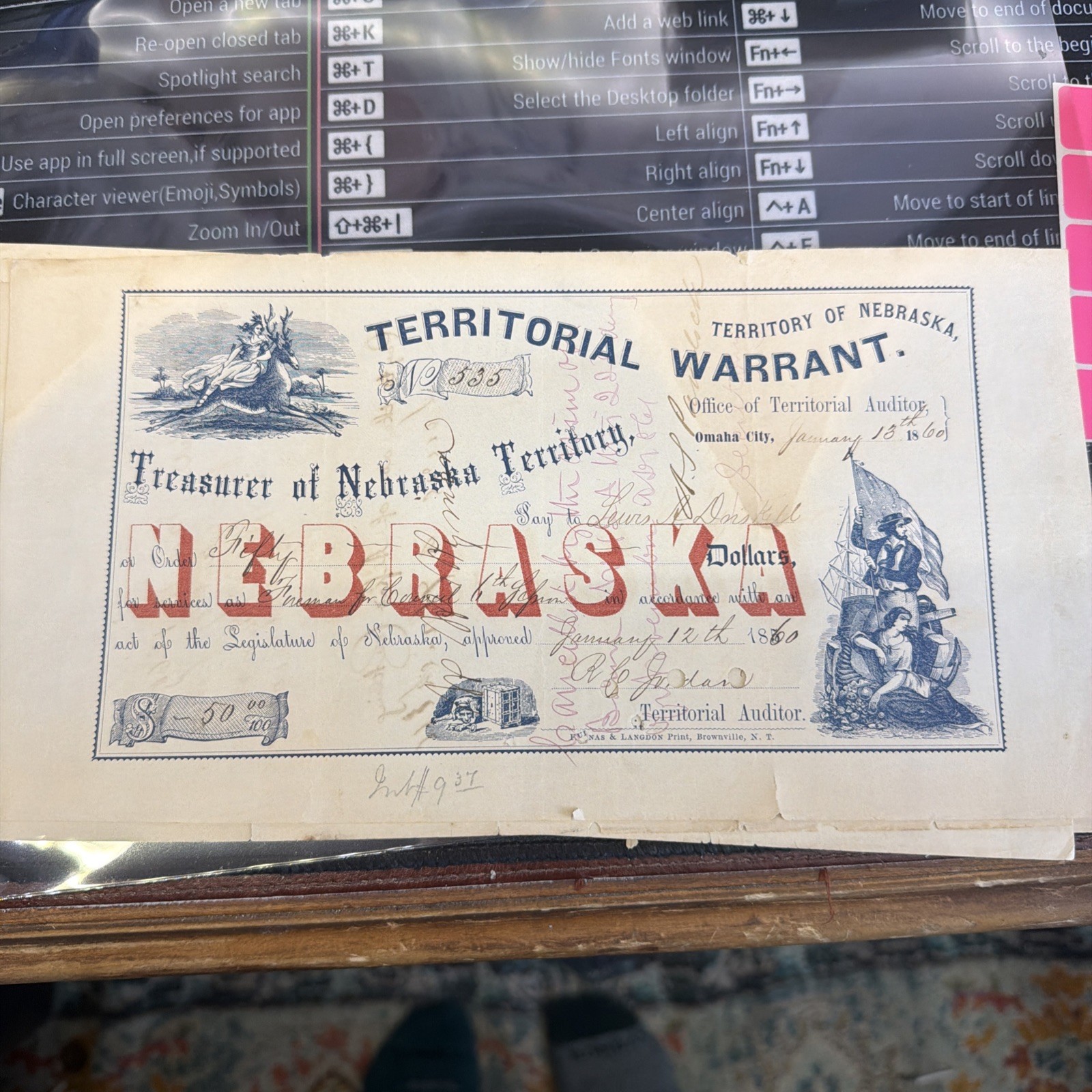 1860 Omaha City - Nebraska Territorial Warrant - $50 Canceled