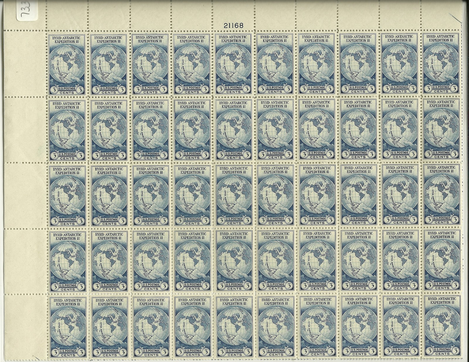 US SC 733 Byrd Antarctic Expedtn. 11 3c PANE OF 50 1933 MNH F/VF VF  sheet