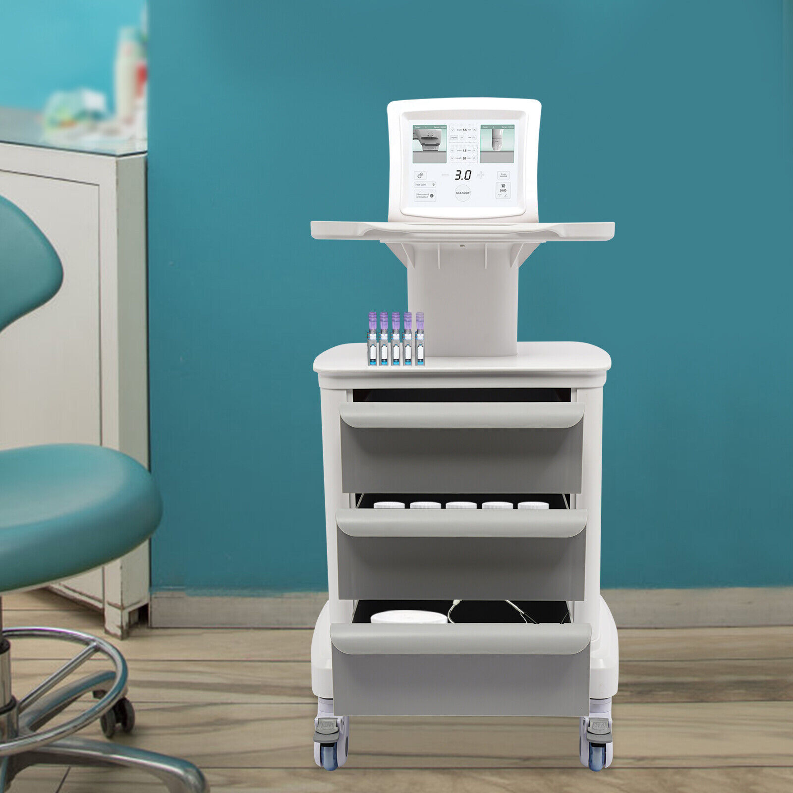 Dental Medical Mobile Cart Instrument Trolley 3 Drawers with Power Socket