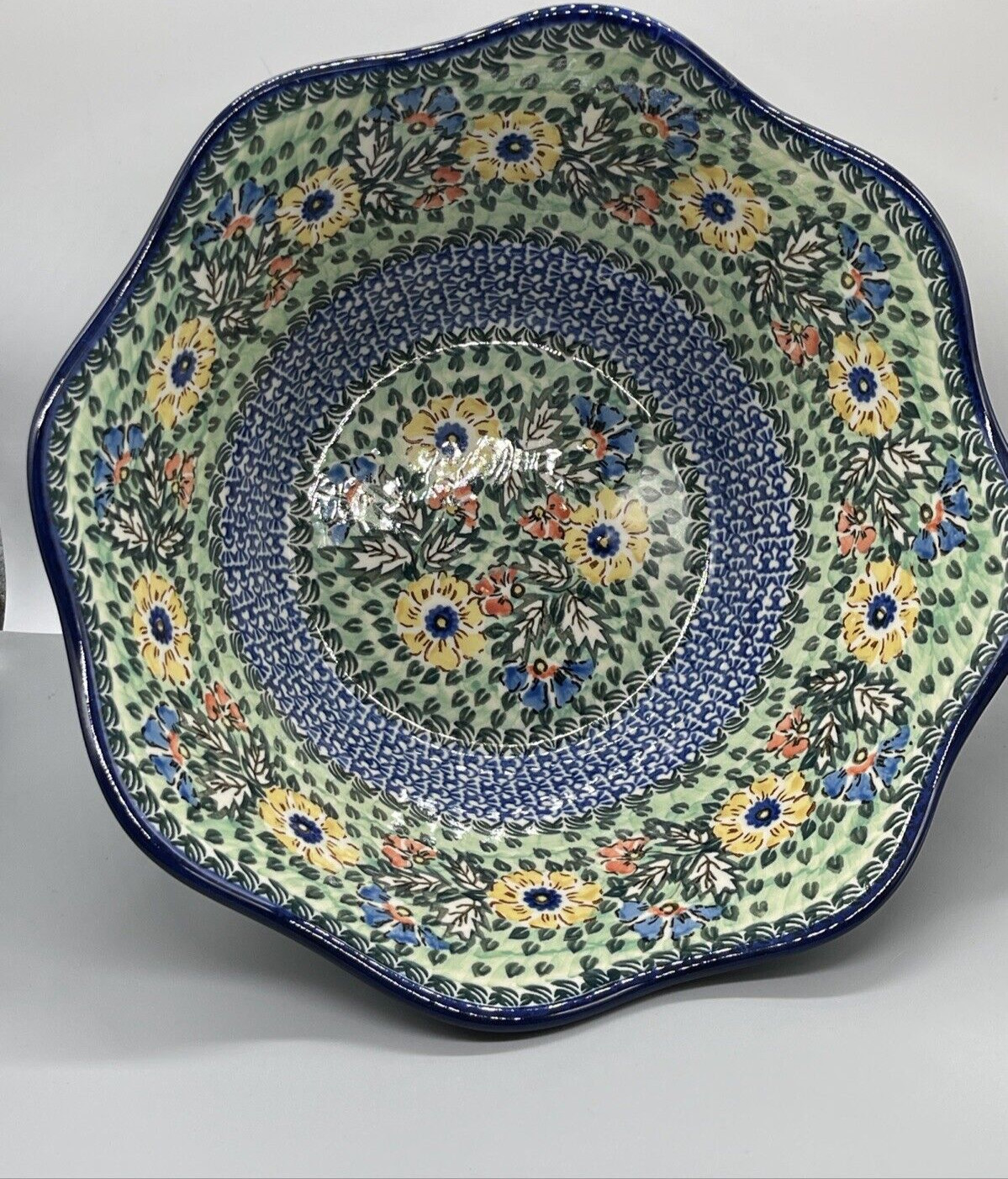 Polish Pottery Unikat L.Lenkiewicz #1975 Tulip Huge 12X5" Scalloped Serving Bowl