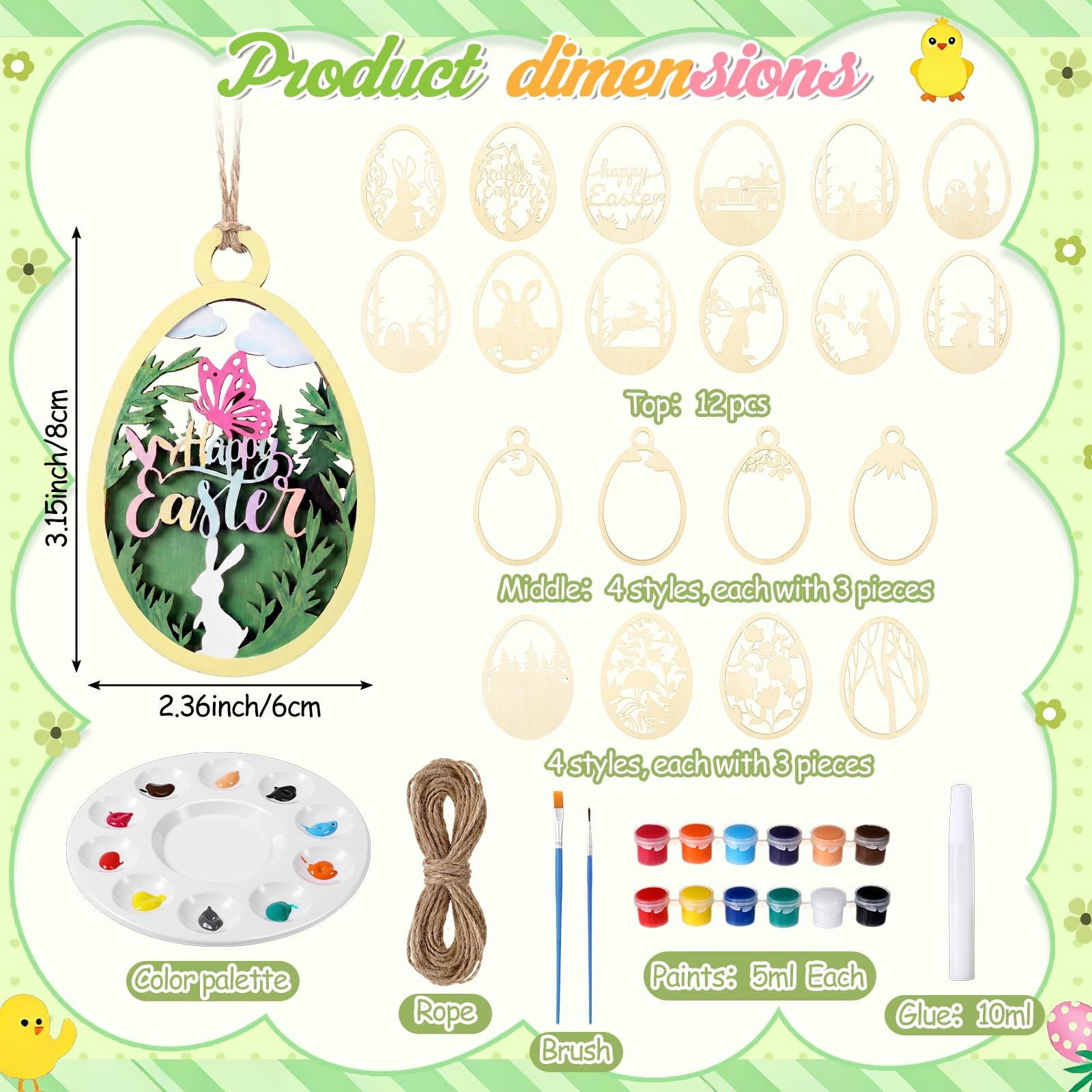 36 Pcs Easter Crafts for Adults Kids Wooden 3D Easter Crafts to Paint Ornaments