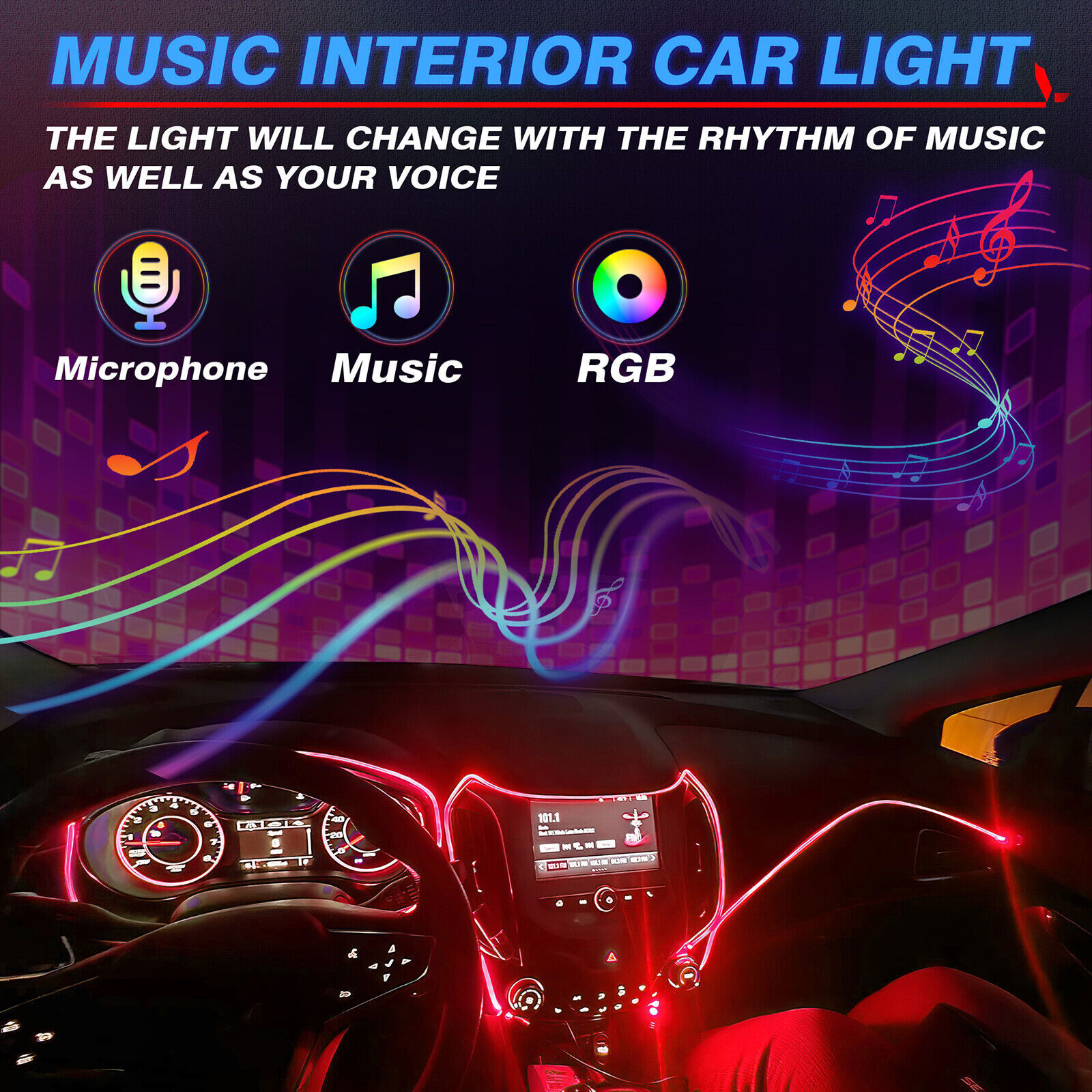 RGB 8 in 1 Interior Car LED Strip Lights Car Neon Accent Lighting Kit