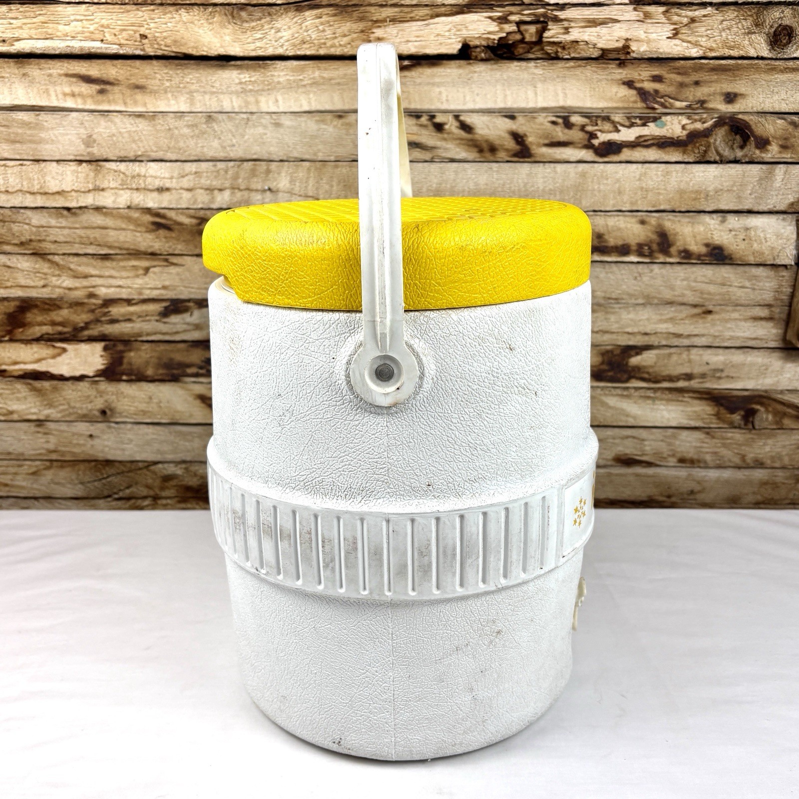 Vintage Igloo 2 Gallon Water Cooler Dispenser Houston TX Yellow White Handle Jug