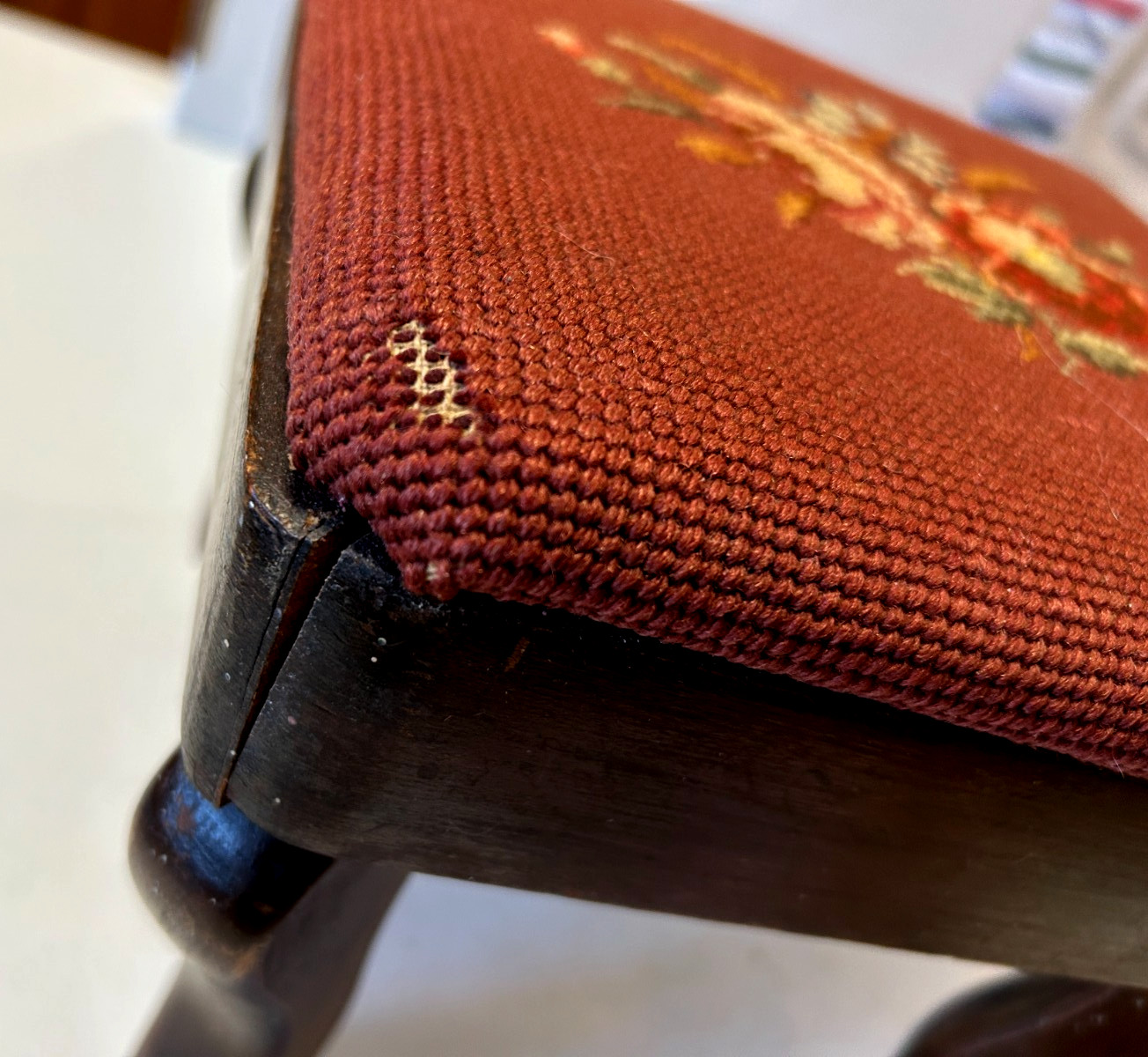 Vintage Footstool Floral Needlepoint Upholstery Victorian Coquette Leg Pad Feet