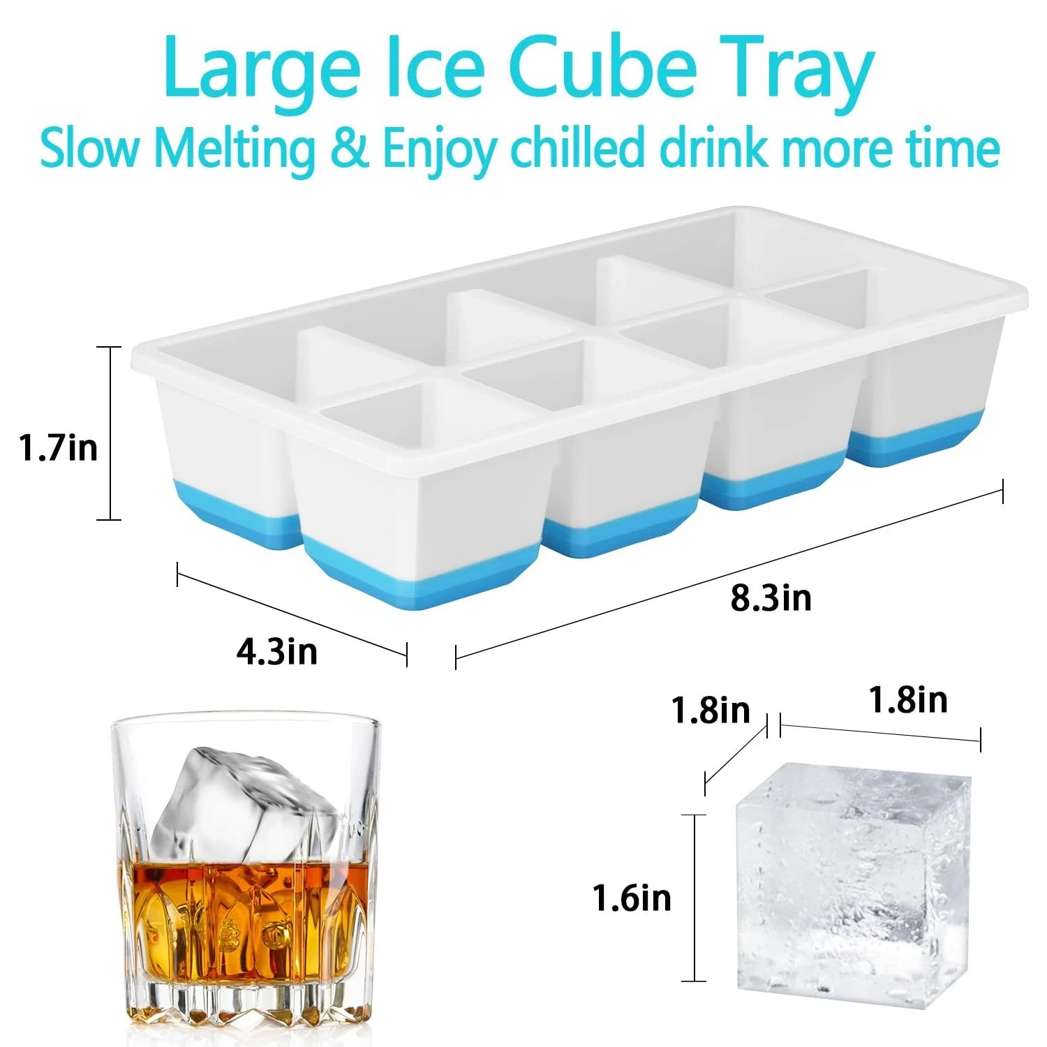 SVOST Large Ice Cube Trays 2 Pack, Silicone Easy-Release Large, Blue White