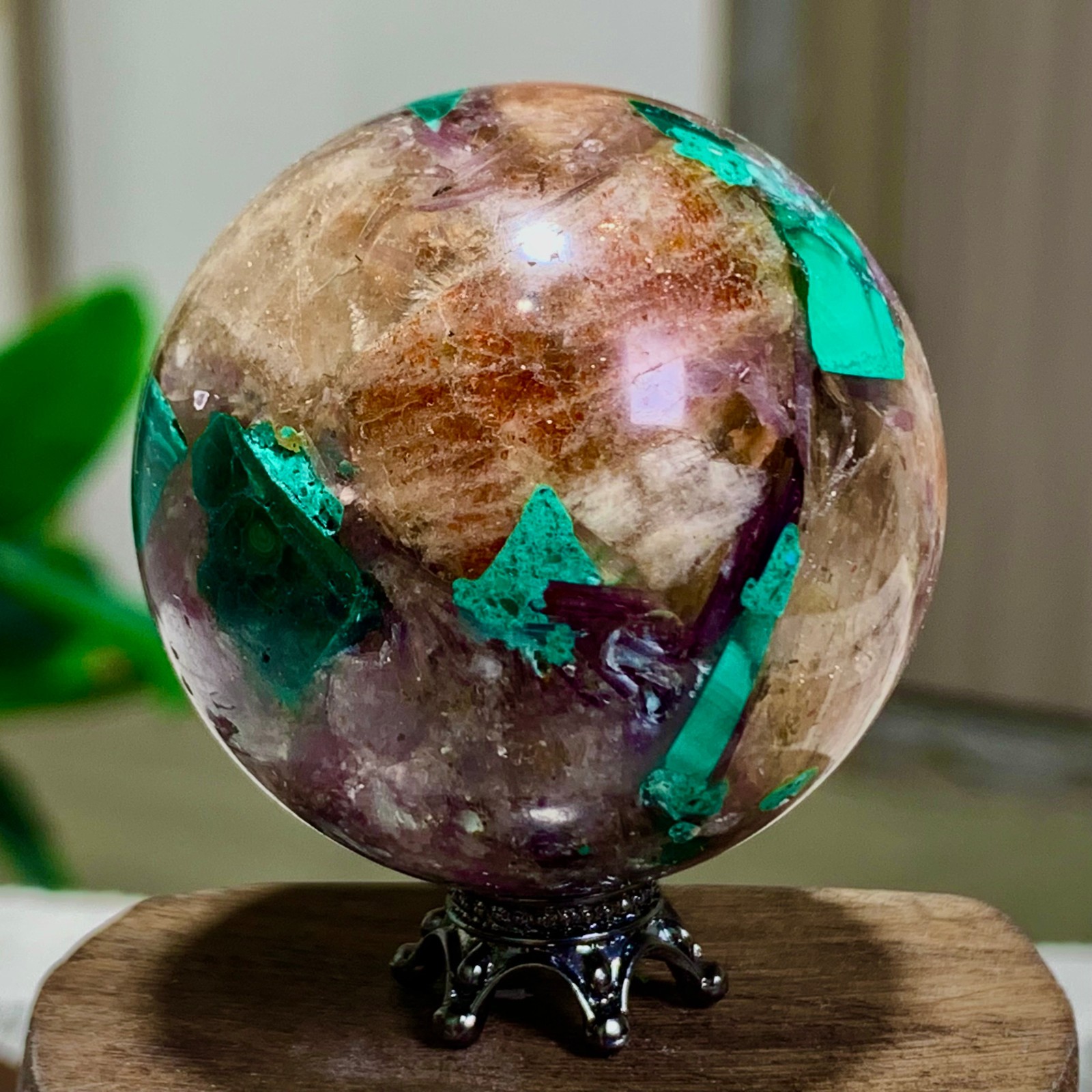 102G Newly discovered rare malachite purple mica symbiotic sphere restoration