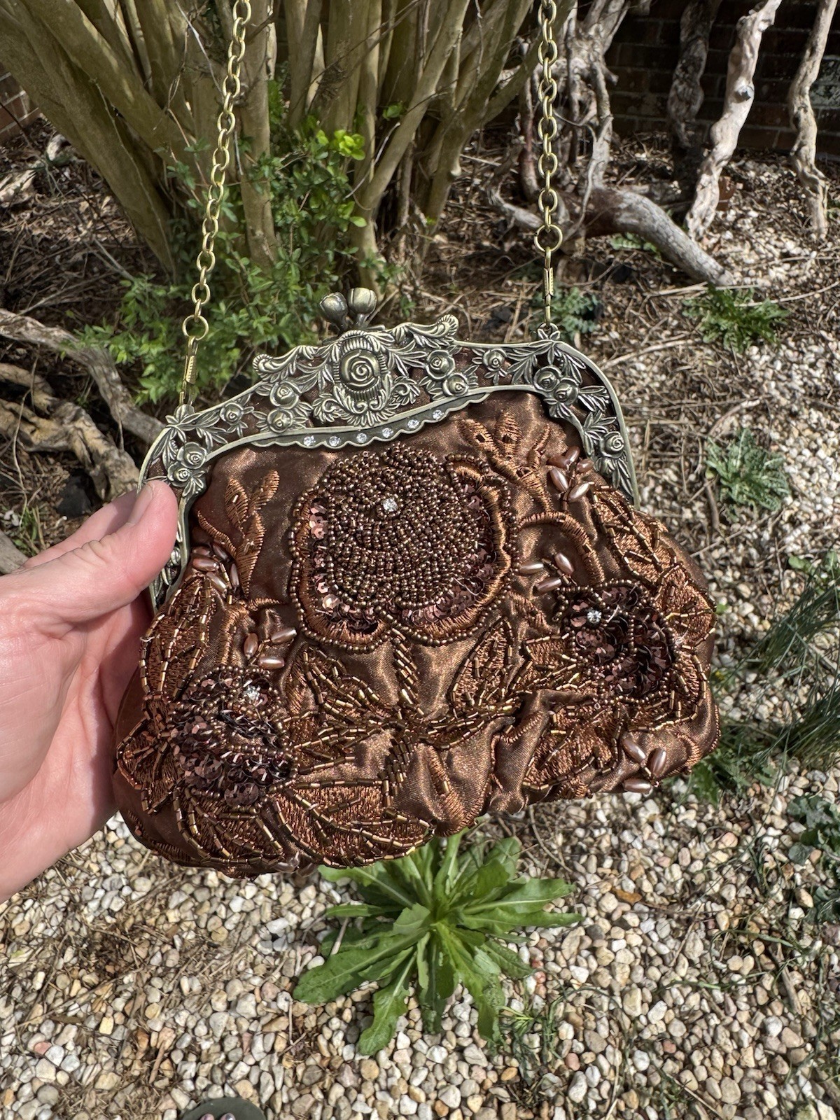 Vintage Beaded Evening Bag Brown Kiss Lock Closure Bronze Metal