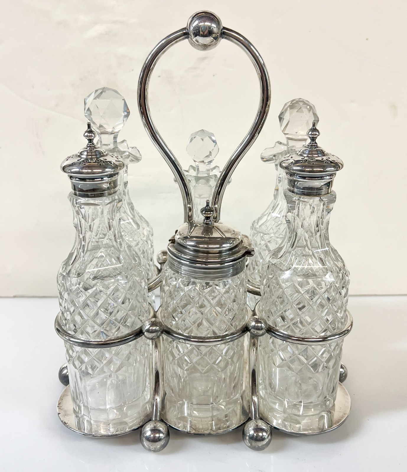 Victorian Silver Plated Martin Hall & Co Cut Glass Cruet Condiment Set c1880