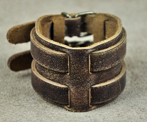 Classic Vintage Men's Double Layers Wide Leather Bracelet Wristband Cuff Brown Y