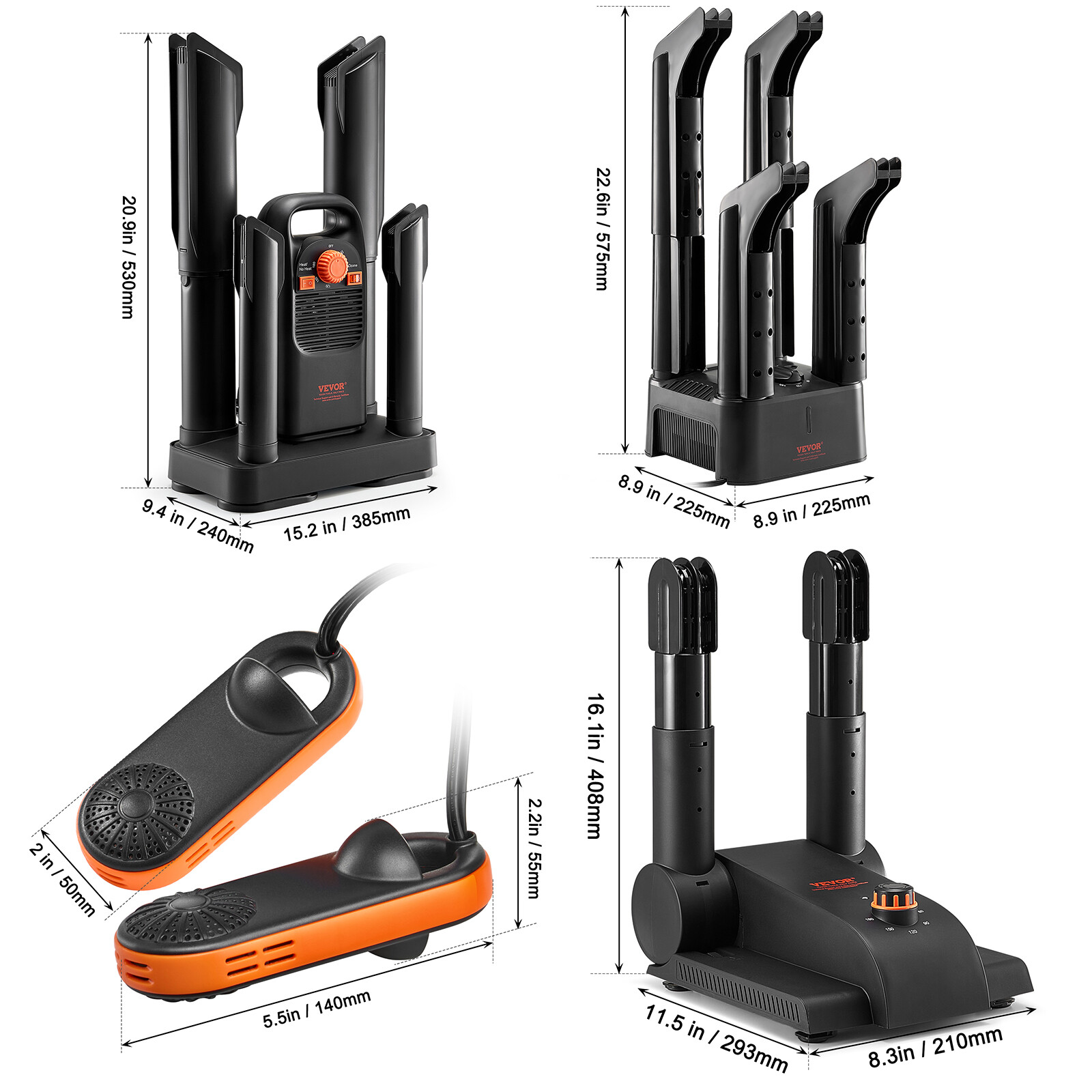 VEVOR 2/4-Tube Shoe Dryer with Heat Blower/Timer/Quick Drying Black & Orange