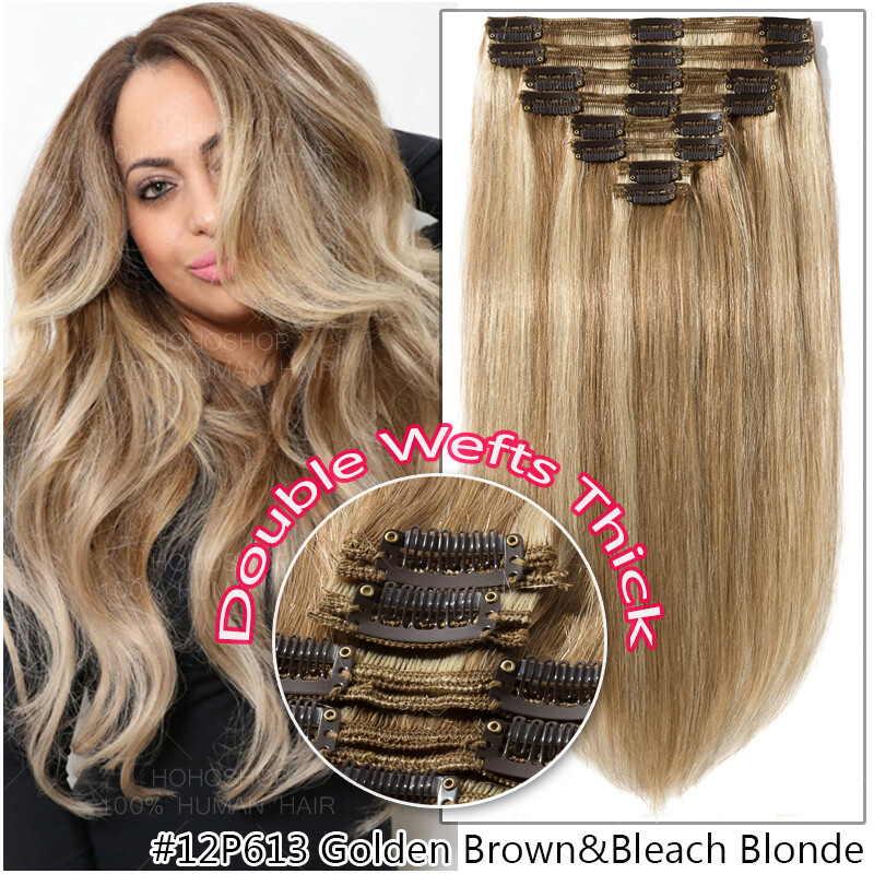 Luxury Thick Clip in Remy Human Hair Extensions Full Head Double Weft Highlight