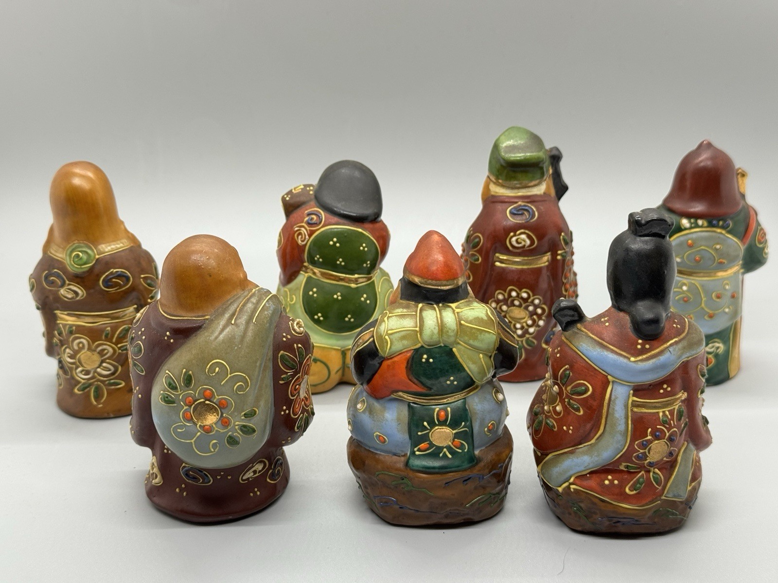 Vintage Kutani Moriage Japanese 7 Lucky Gods Porcelain Figurine Collection