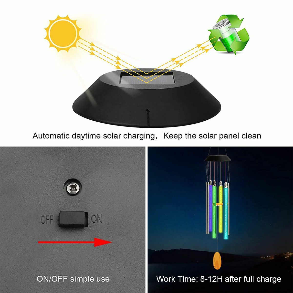 Solar Wind Chimes Color Changing LED Lights Large Deep Tone Resonant Bell Tubes