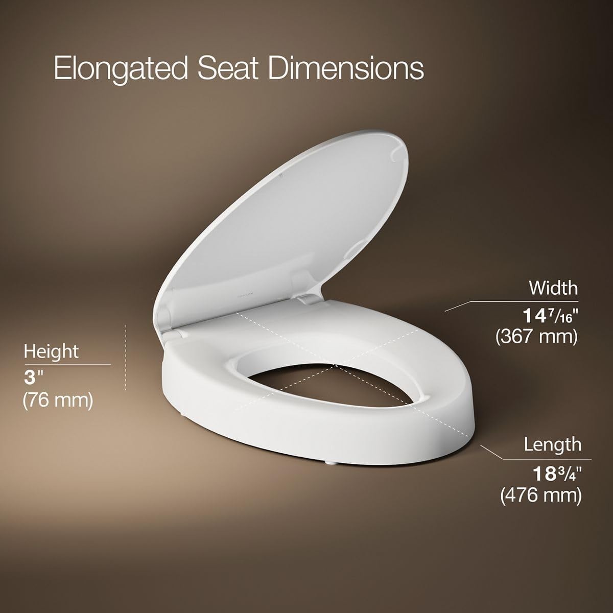 KOHLER 25875-0 Hyten 3" Elevated Toilet Seat: Soft Close, Elongated, White