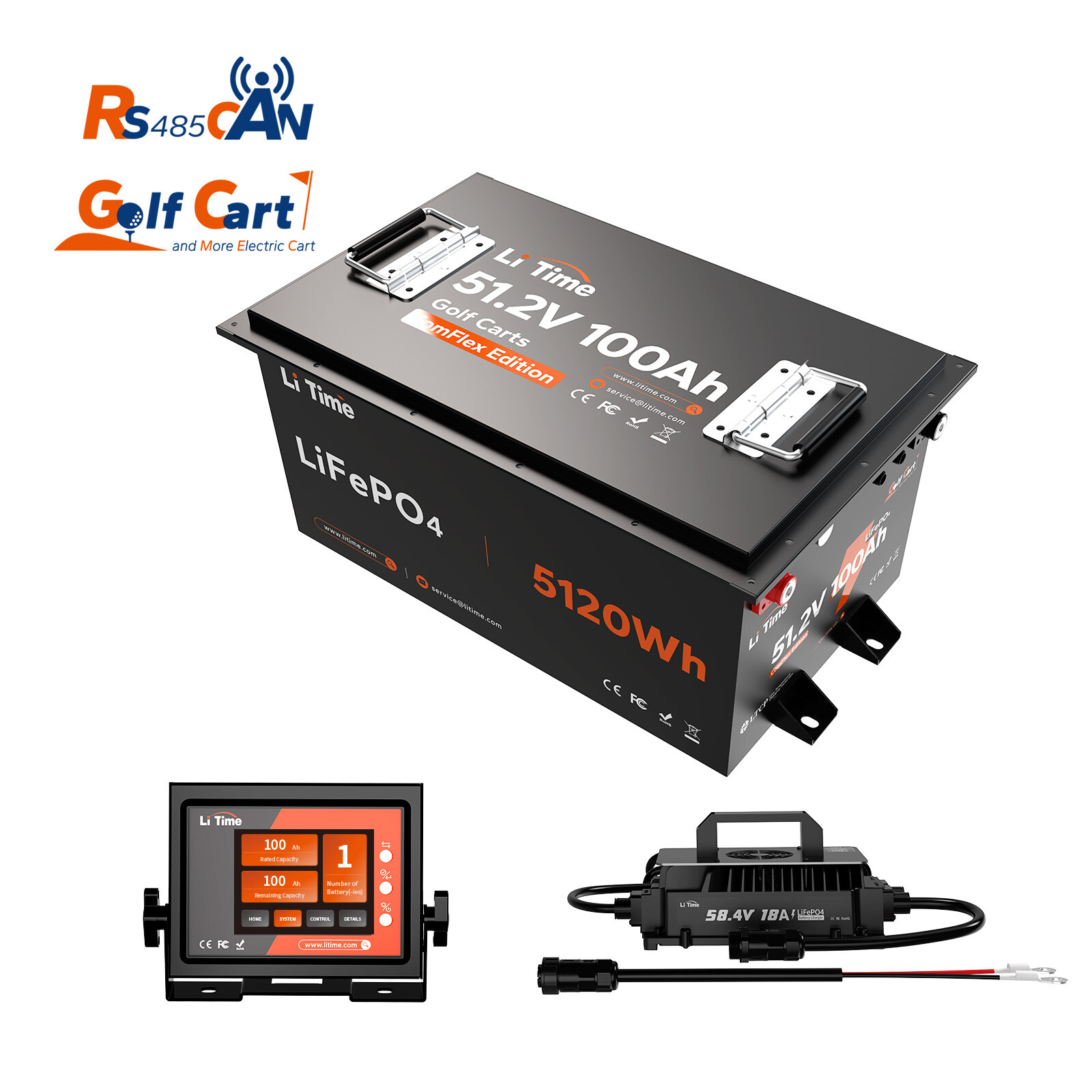 LiTime 48V 100Ah Golf Cart Lithium Battery +RS485 Communication Monitor+Charger