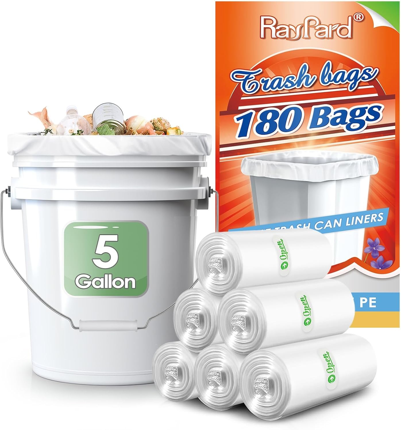 180 Count 5 Gallon Garbage Bags, Durable Bin Liners for All Rooms
