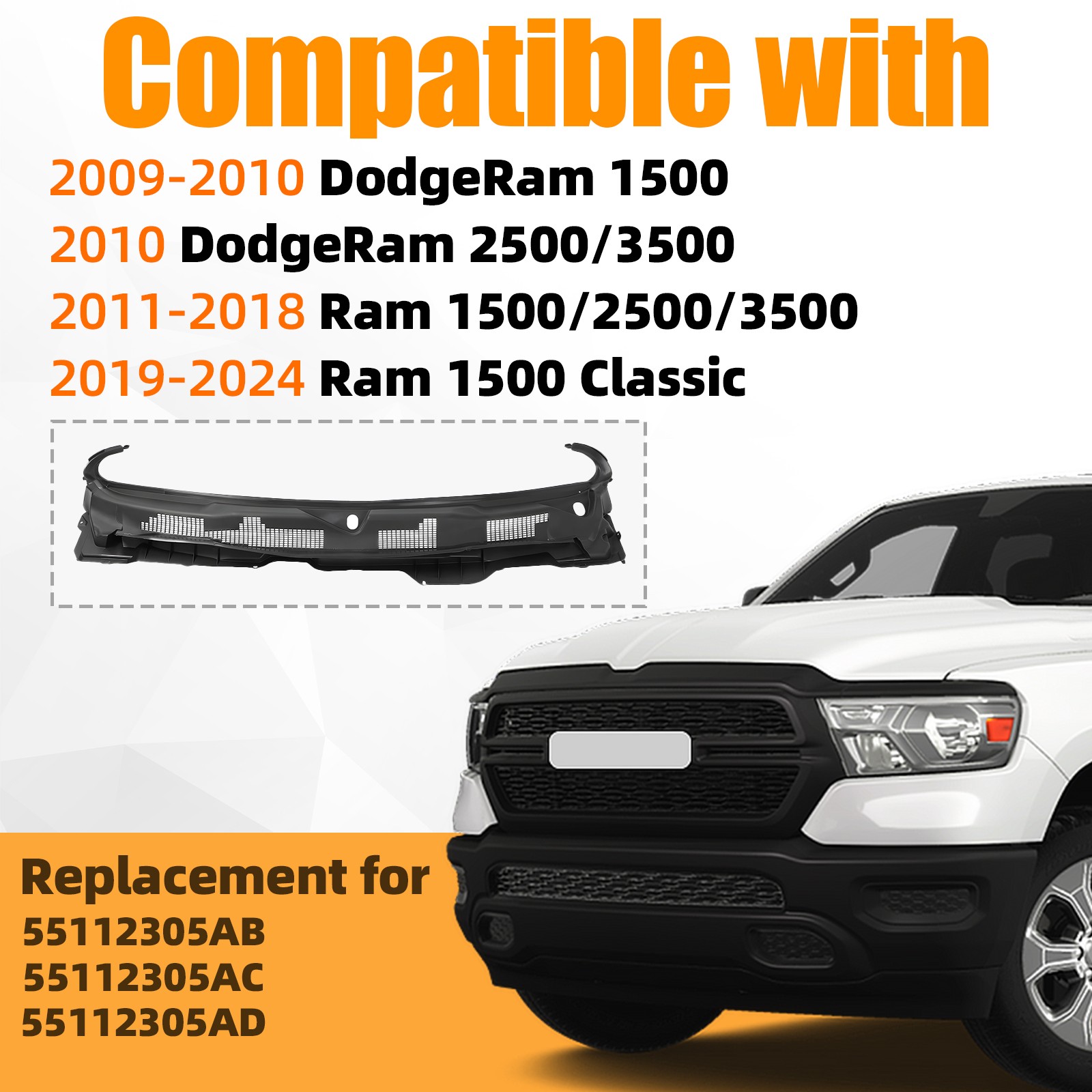 Front Grille Wiper Cowl Windshield Panel For 2009-2024 Dodge Ram 1500 2500 3500