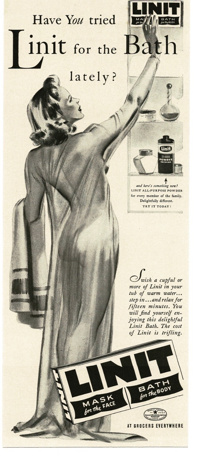 1940 Linit Bath Powder Sexy Risque Pinup Girl Art Vintage Print Ad 1