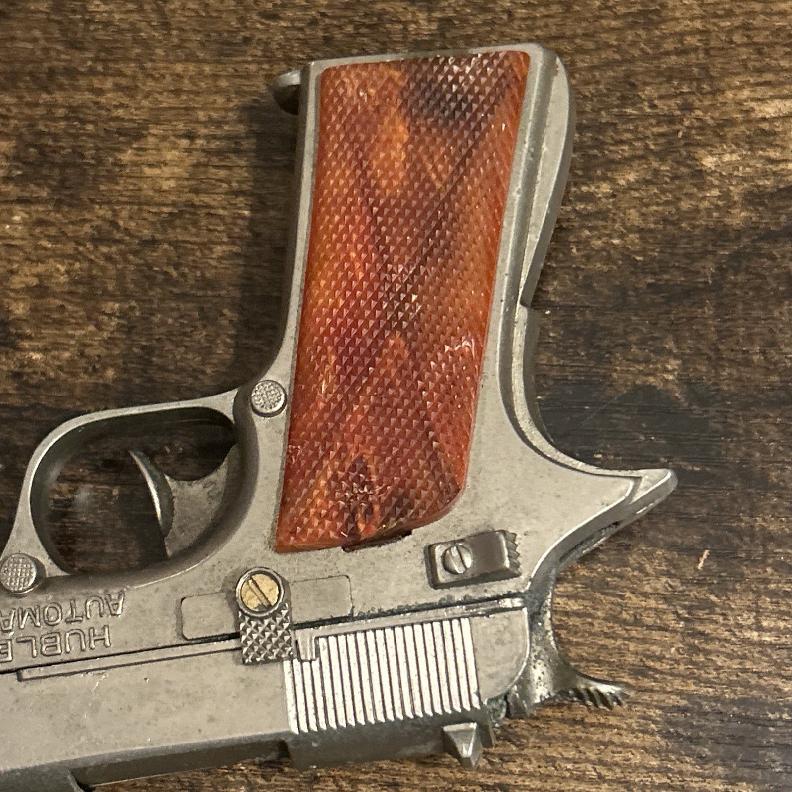 Vintage 1950s Hubley Automatic Colt 1911 6.50" Toy Cap Gun Pistol Fixed Orange