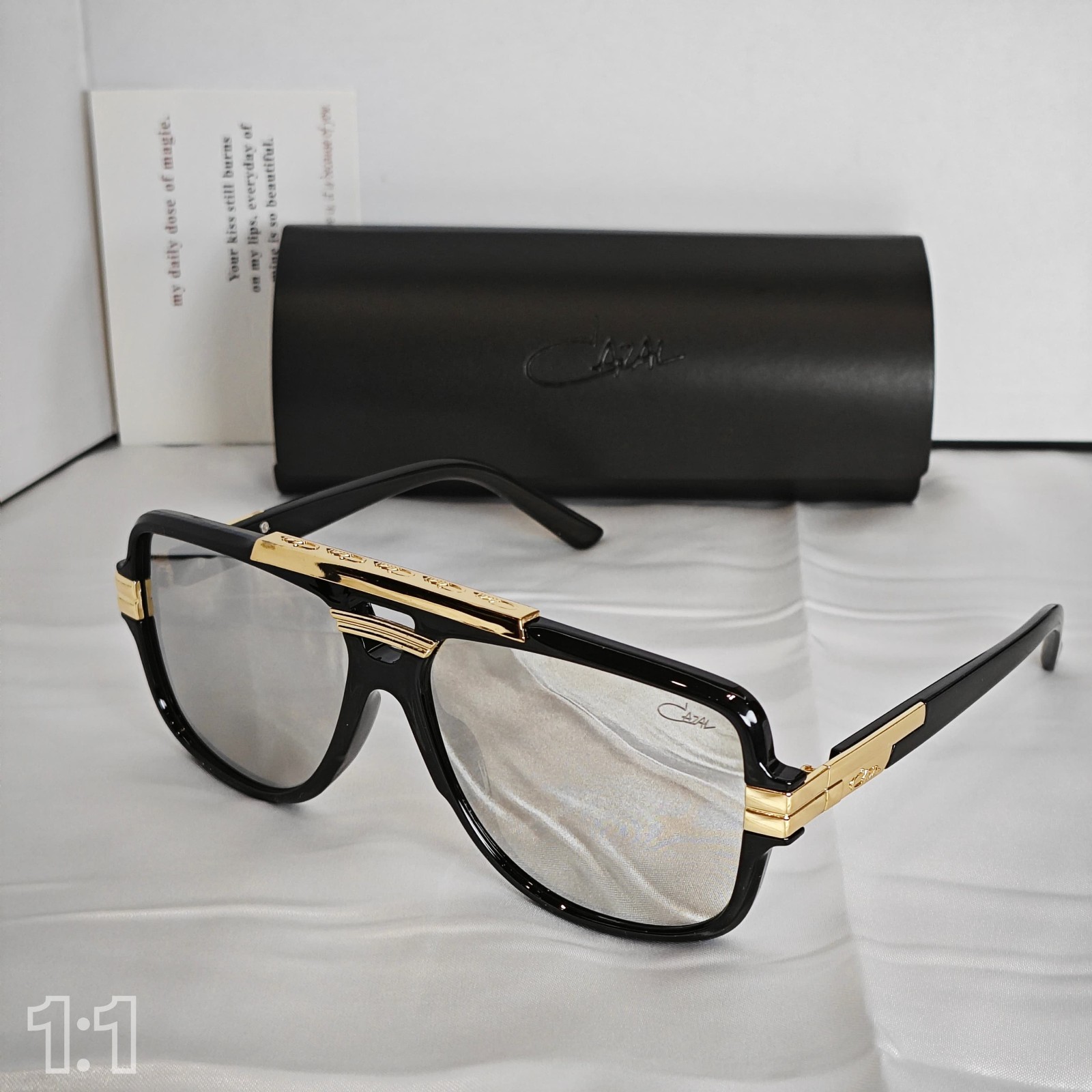 Cazal Sunglasses Horizontal Logo Black Golden Frame Glasses Reflective Lens