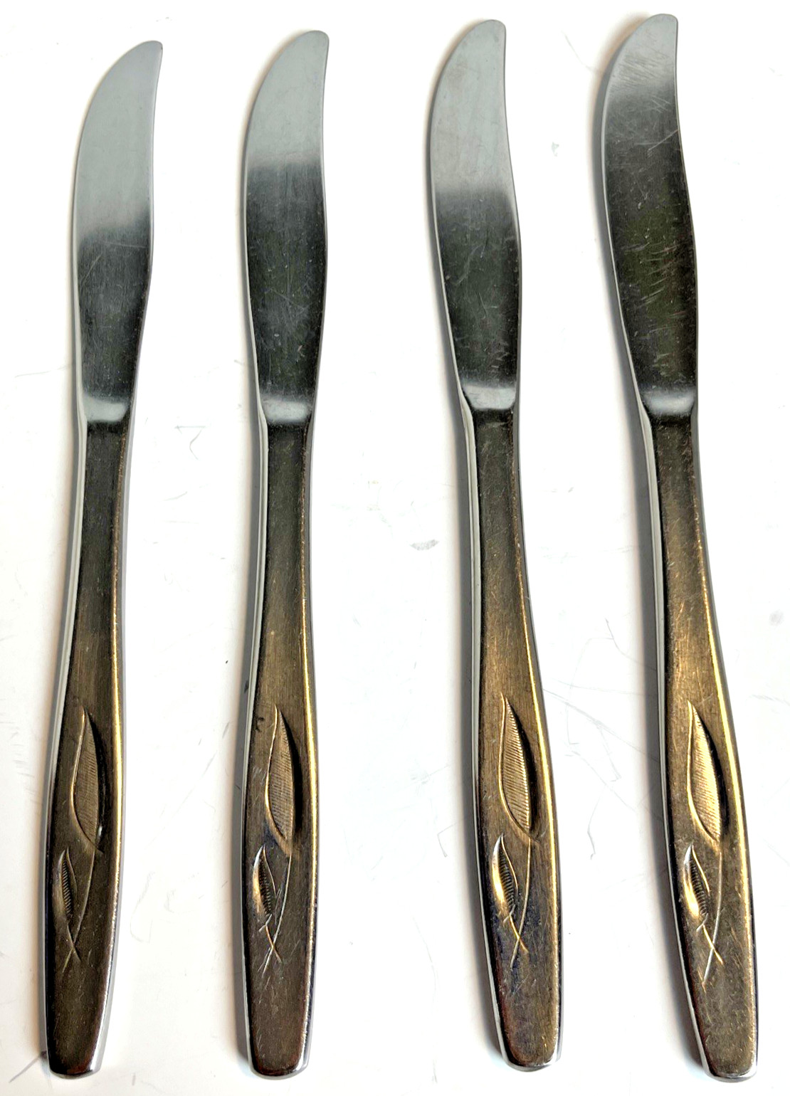 Vtg Rogers Cutlery Co. Whispering Leaves 4pc Stainless Dinner Knife Flatware USA