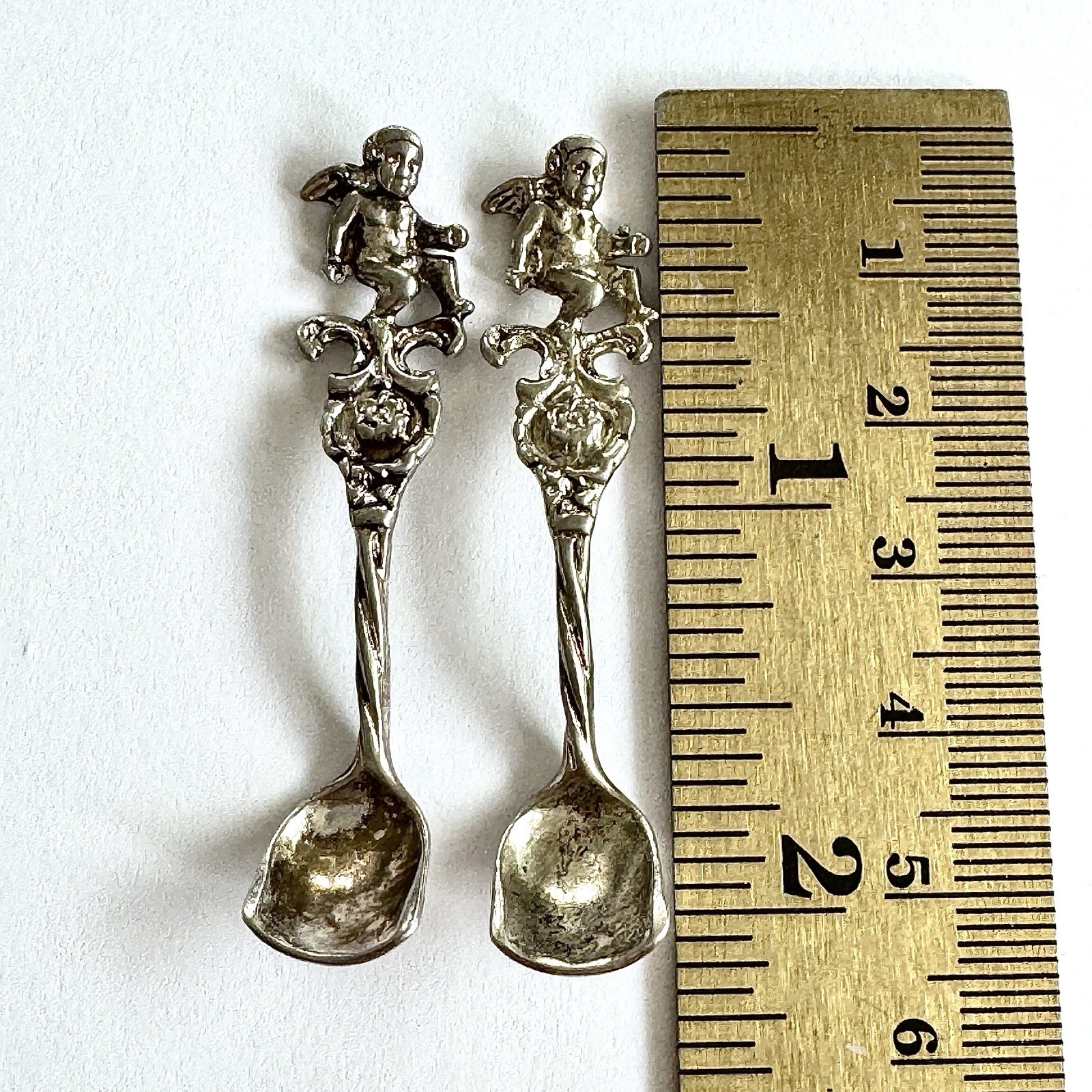 Pair 925 Sterling Salt Spoons Cherub Antique Angel Putti Snuff 7.4g Set of Two