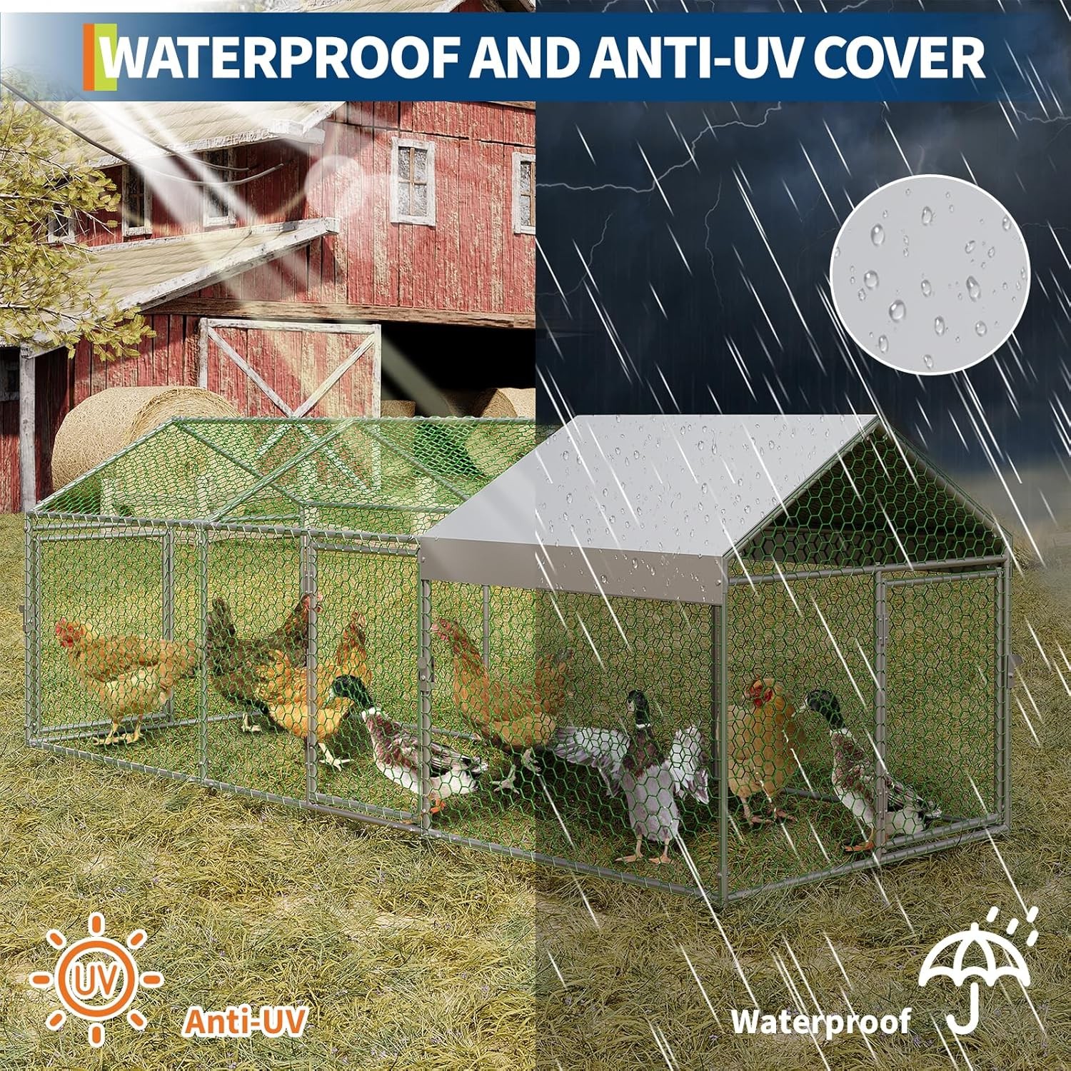 Metal Chicken Coop with Waterproof Cover & 3 Doors, Poultry Cage Outdoor, Silver