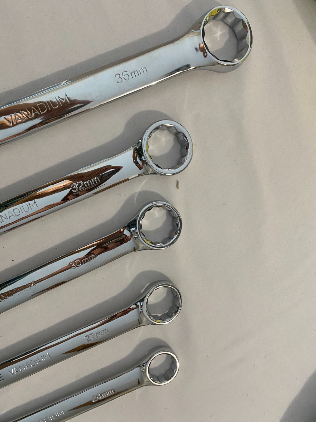 Set of 5 New Combination Wrenches 36, 32, 30, 27 and 24mm. Chrome Vanadium