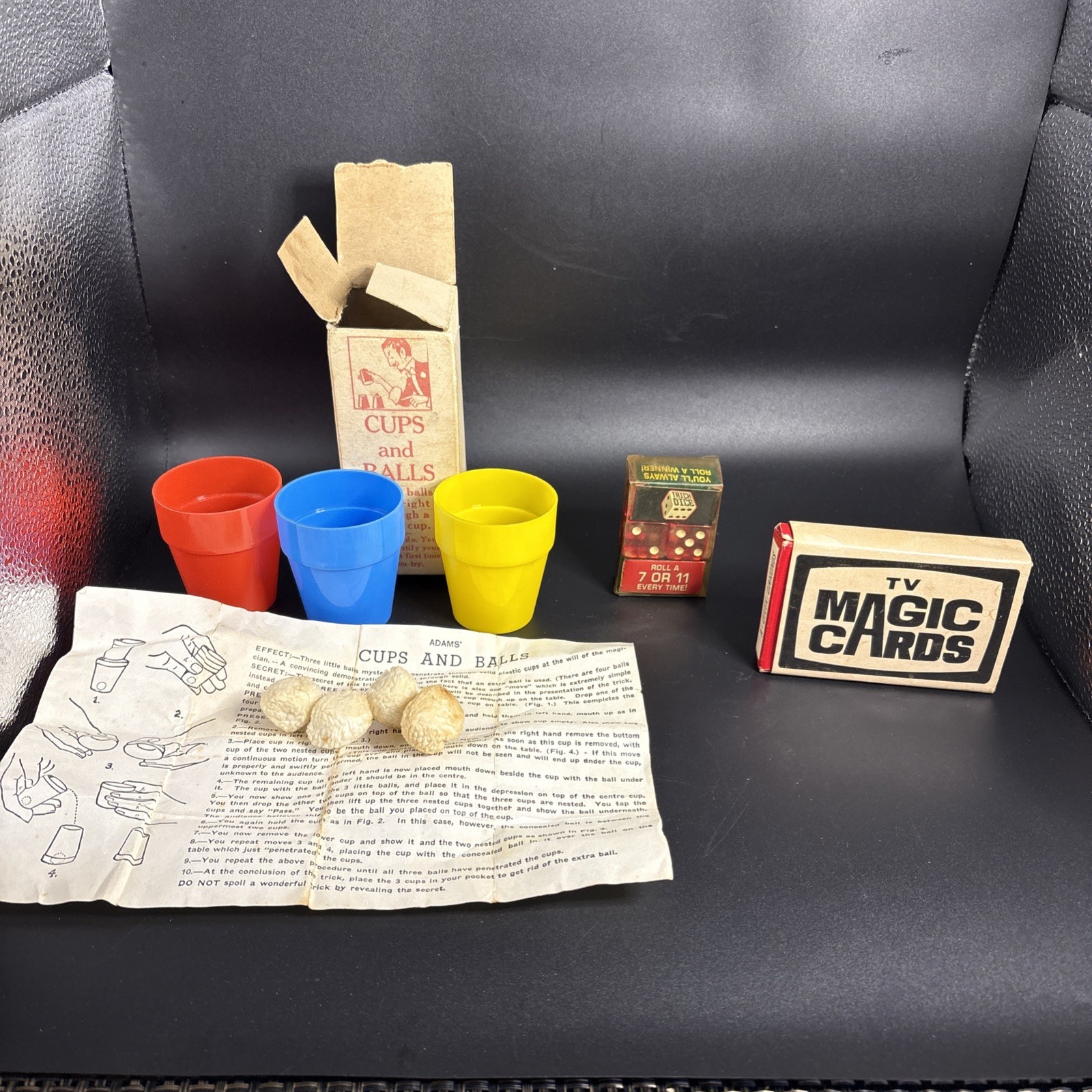 Vintage Magic Tricks, Cups and Balls, 7 Or 11 Dice,  TV Magic Cards Lot of 3