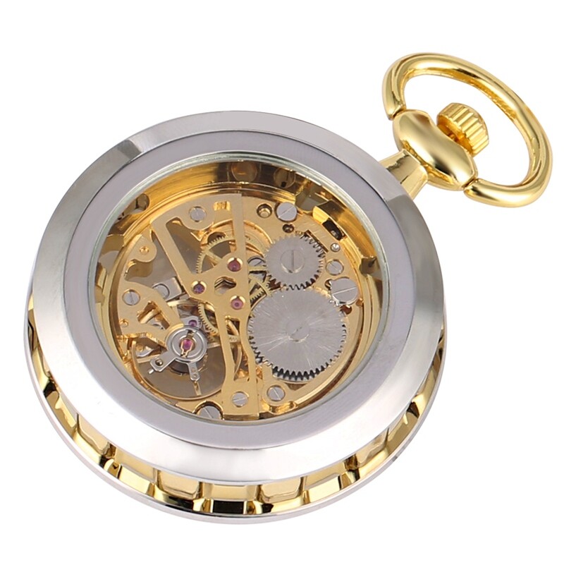 Men's Mechanical Pocket Watch Hand Winding Open Face Golden Pendant Chain Gifts