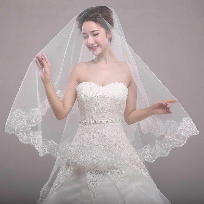 10Ft Long White Wedding Bridal Veils with Embroidery Lace Edge Bride Supplies US