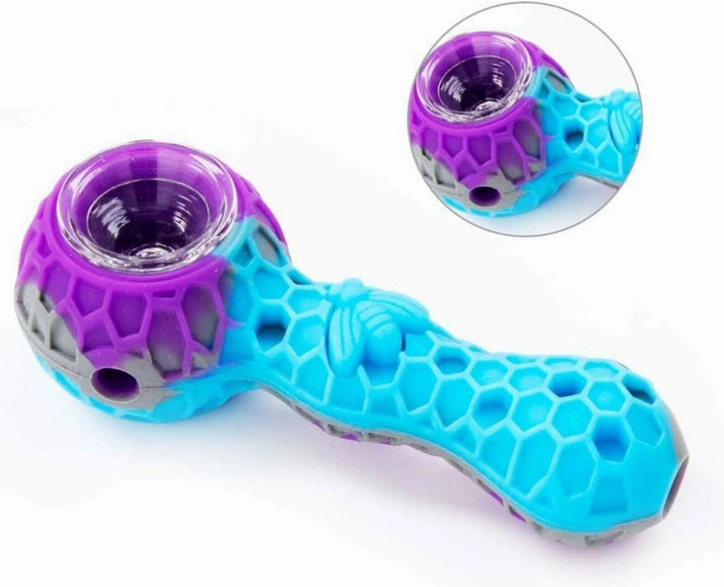 2 Pcs (Blue+Black) SILICONE PIPE 4.3" W/ GLASS BOWL -HoneyComb Bee