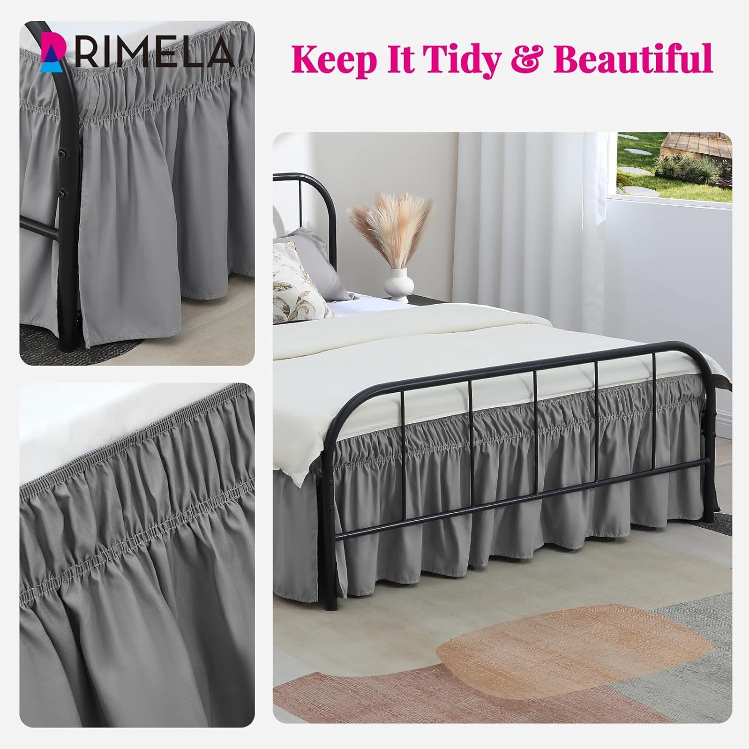 Grey Bed Skirts with Split Corners Queen Size 15 Inch Drop,Elastic Bed Skirting
