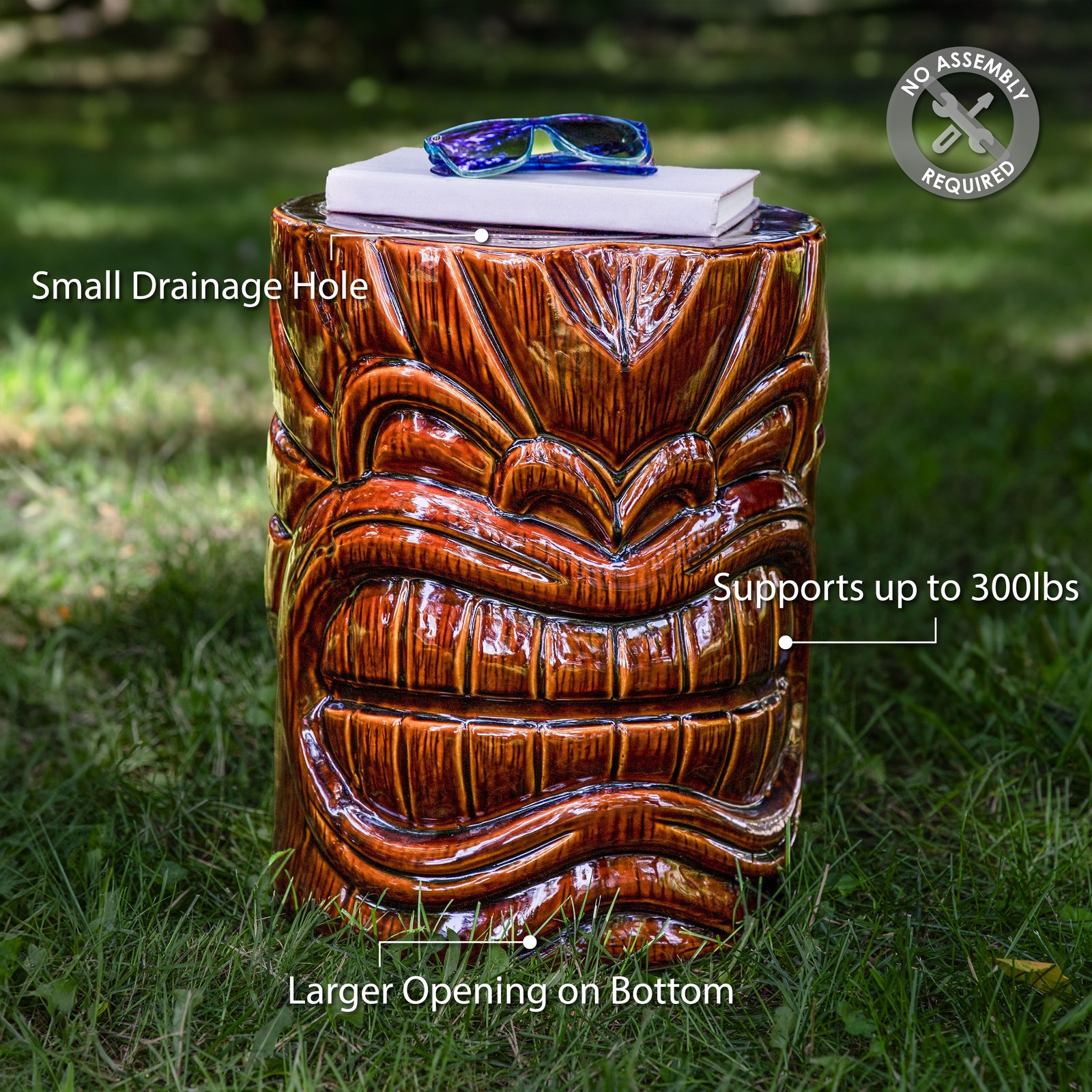 Wood-Look Tiki Head Ceramic Garden Stool - 17” by Sunnydaze