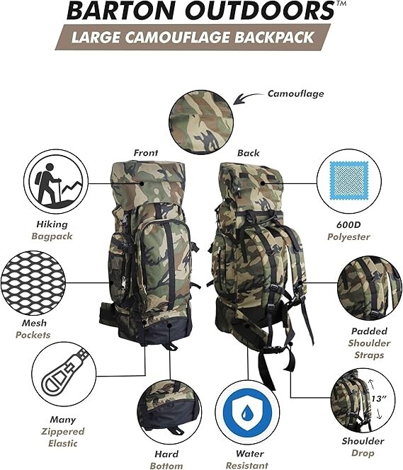 Large Camouflage Backpack for Hiking - Water-Resistant - FINAL CLOSEOUT