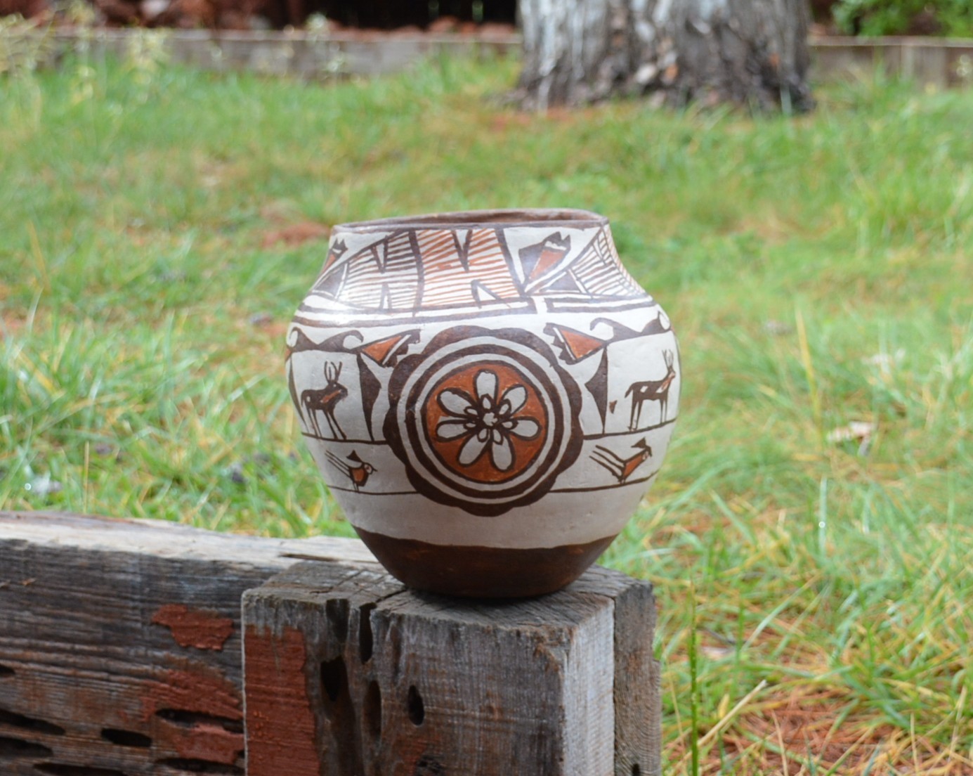 Old Zuni Traditional Olla Pot - Heartline Deer with Birds and Geometrics