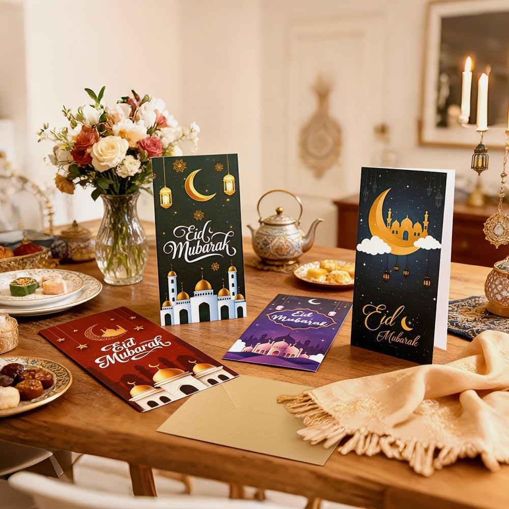16 Pcs Eid Mubarak Cards with Envelopes, Ramadan Greeting Cards Bulk, 4 Designs
