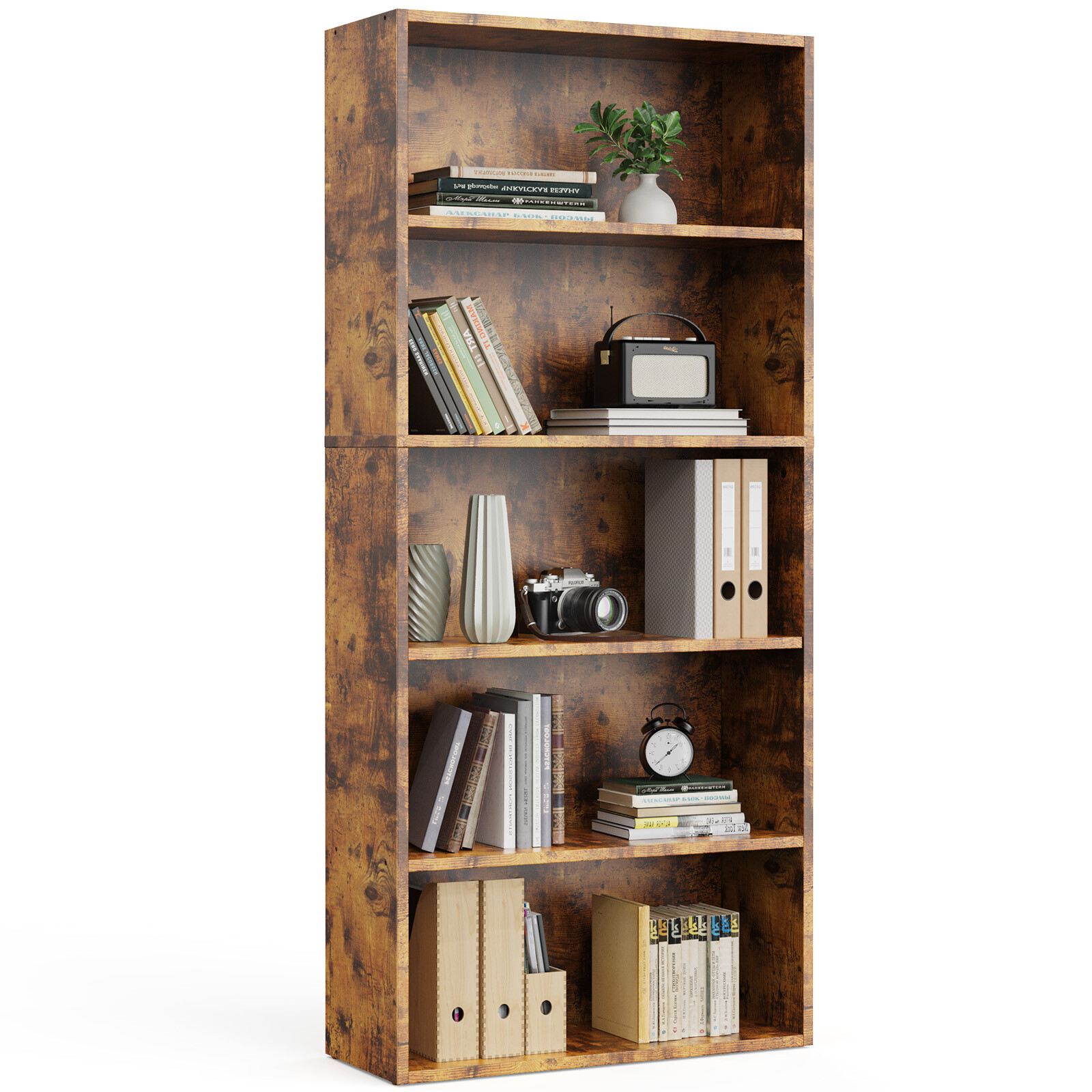 Bookshelf 5/6Tier Storage Shelf Adjustable Bookcase Open Wood Magazine Organizer
