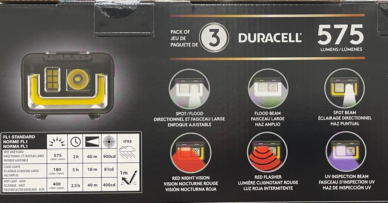 3 Pack Duracell 575 Lumen LED COB Headlamps 6 Beam Modes Batteries Included
