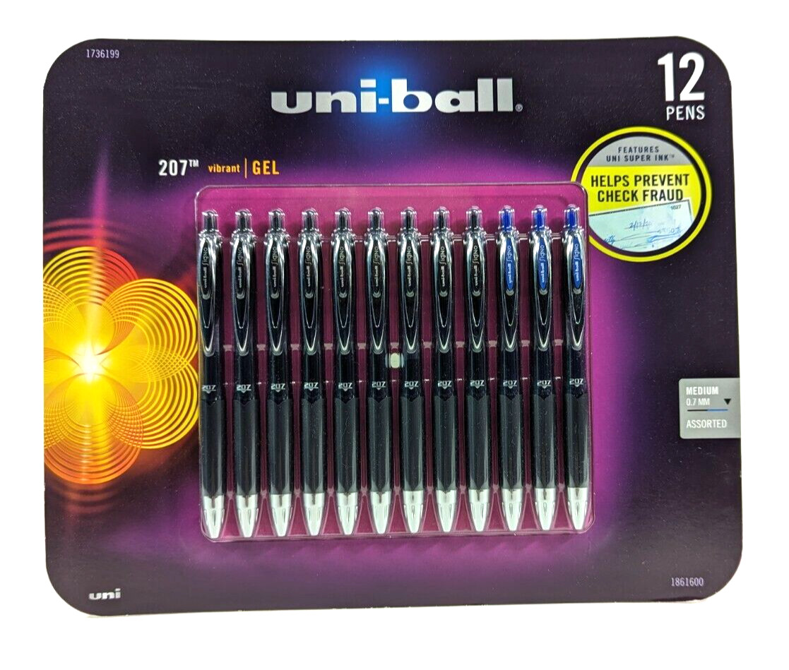 Uni-Ball 207 Gel Pens Retractable 0.7mm Medium-Tip Blue Black Ink, 12 Count