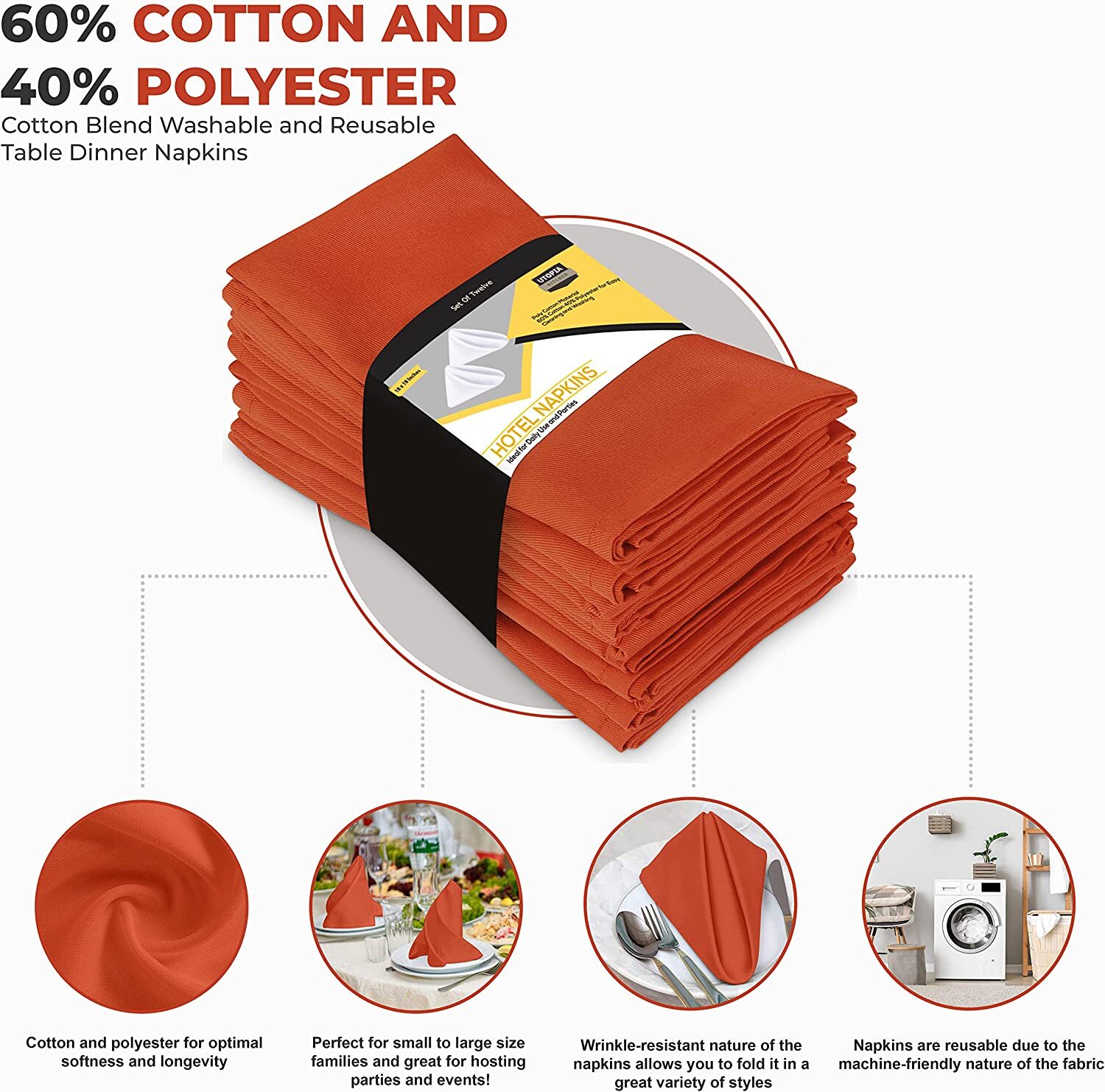 Pack of 12 Cotton Dinner Napkins Hotel Quality 18x18" Utopia Kitchen