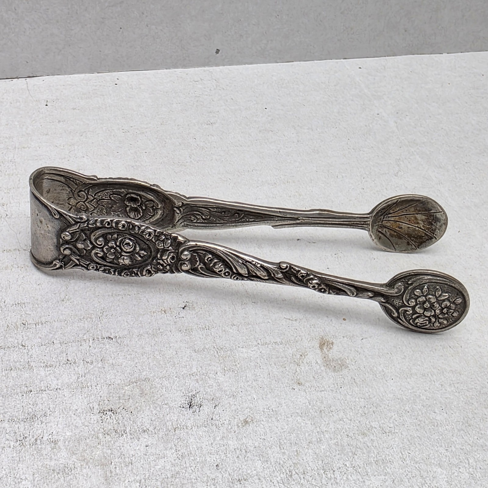 Antique German 830 Silver Sugar Tongs - Ornate Hildesheimer Rose Pattern - 4"