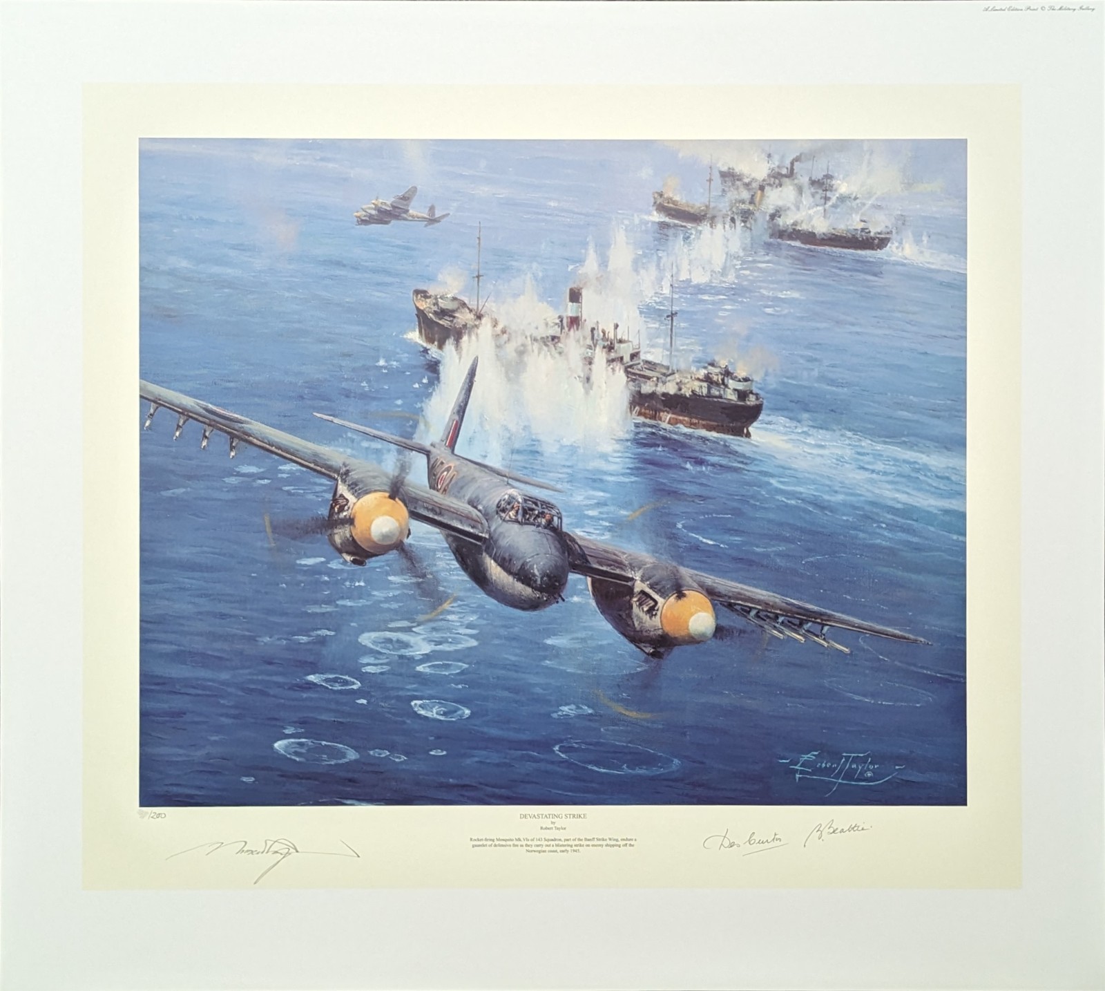 Devastating Strike by Robert Taylor aviation art signed by 2 Mosquito Pilots