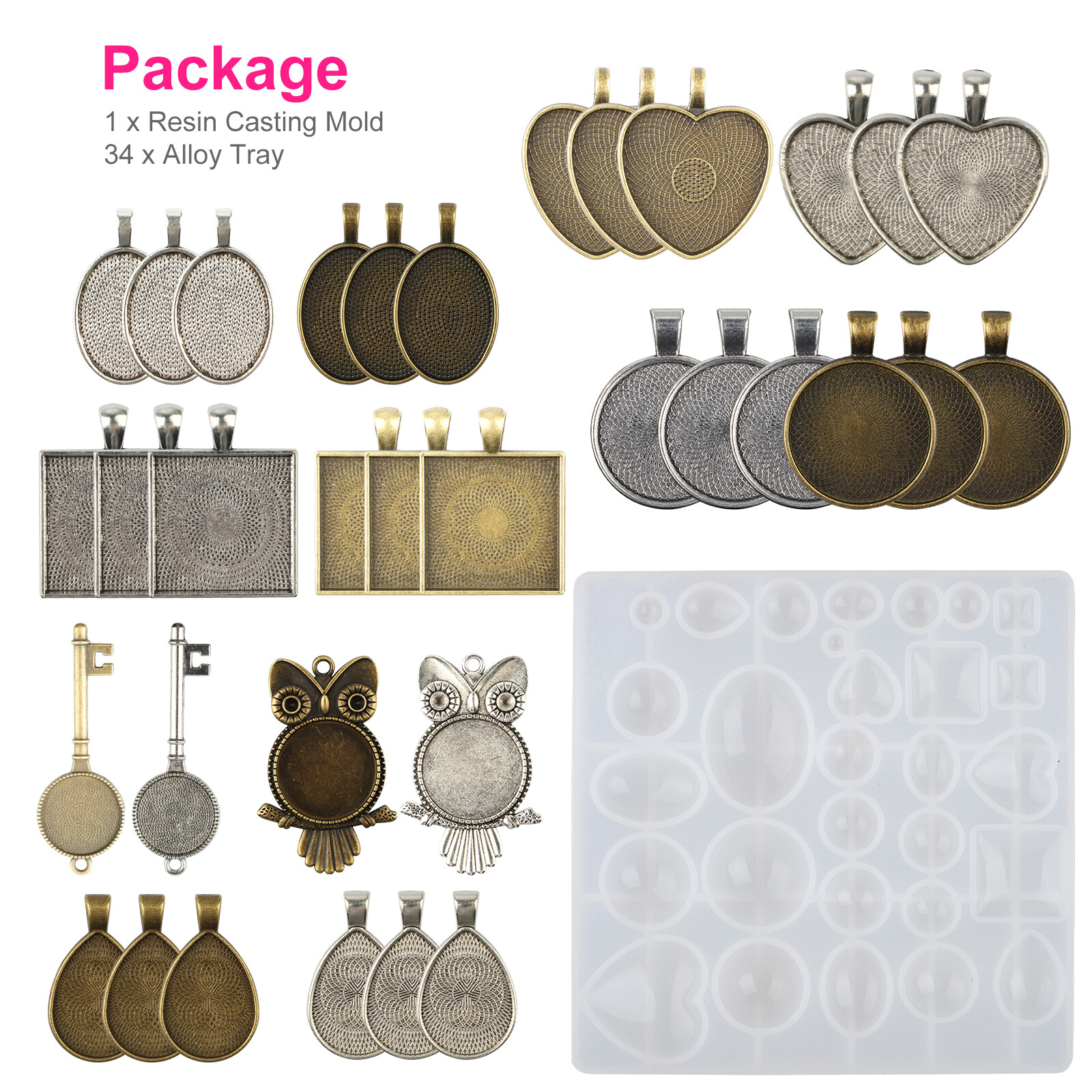 35pcs Resin Casting Silicone Molds Epoxy Pendant Mould Kit Jewelry Making Craft